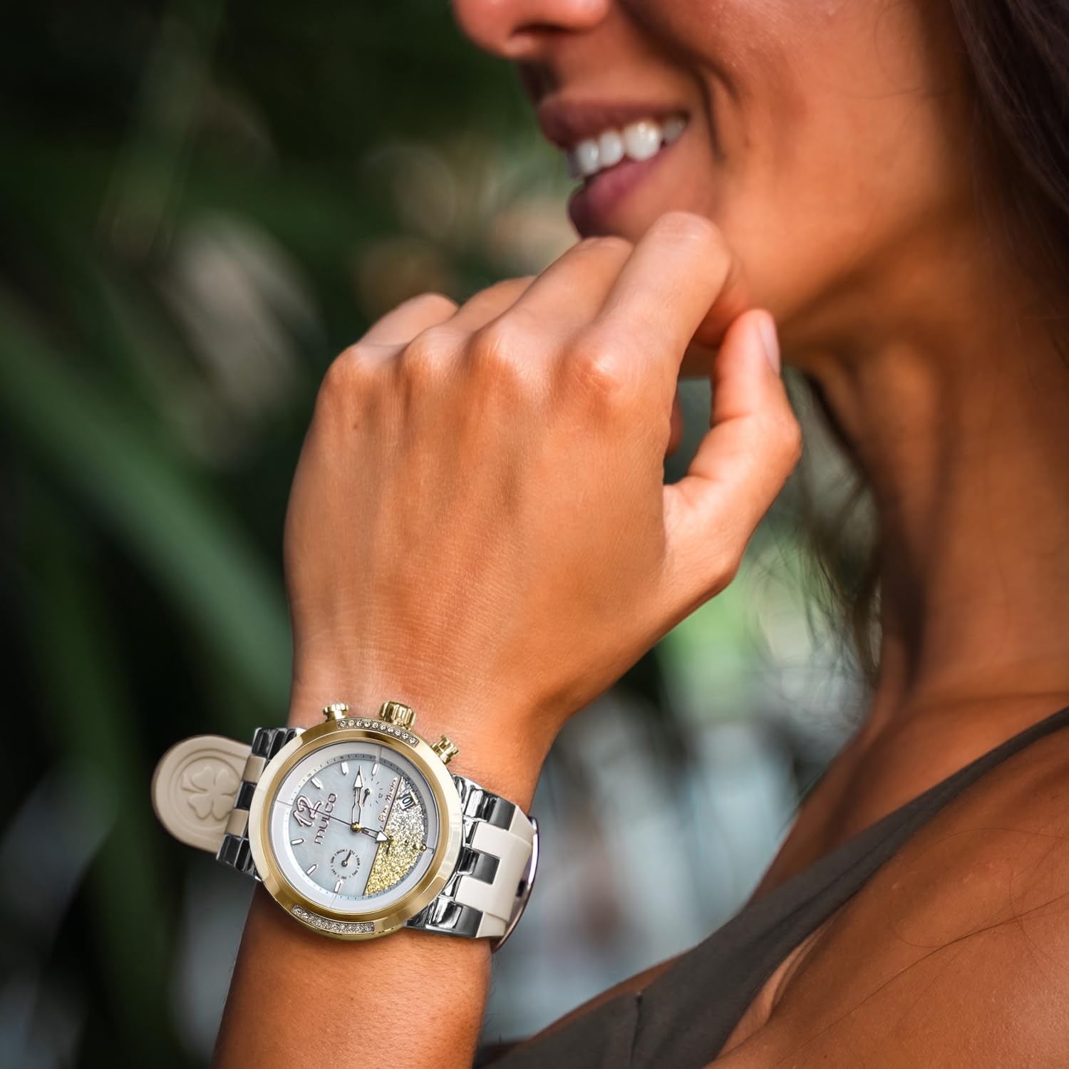 Mulco Blue Marine - Reloj de cuarzo multifuncional para mujer, correa de acero inoxidable y silicona, pantalla analógica, tonos Swarovski y detalles de oro rosa resistente al agua