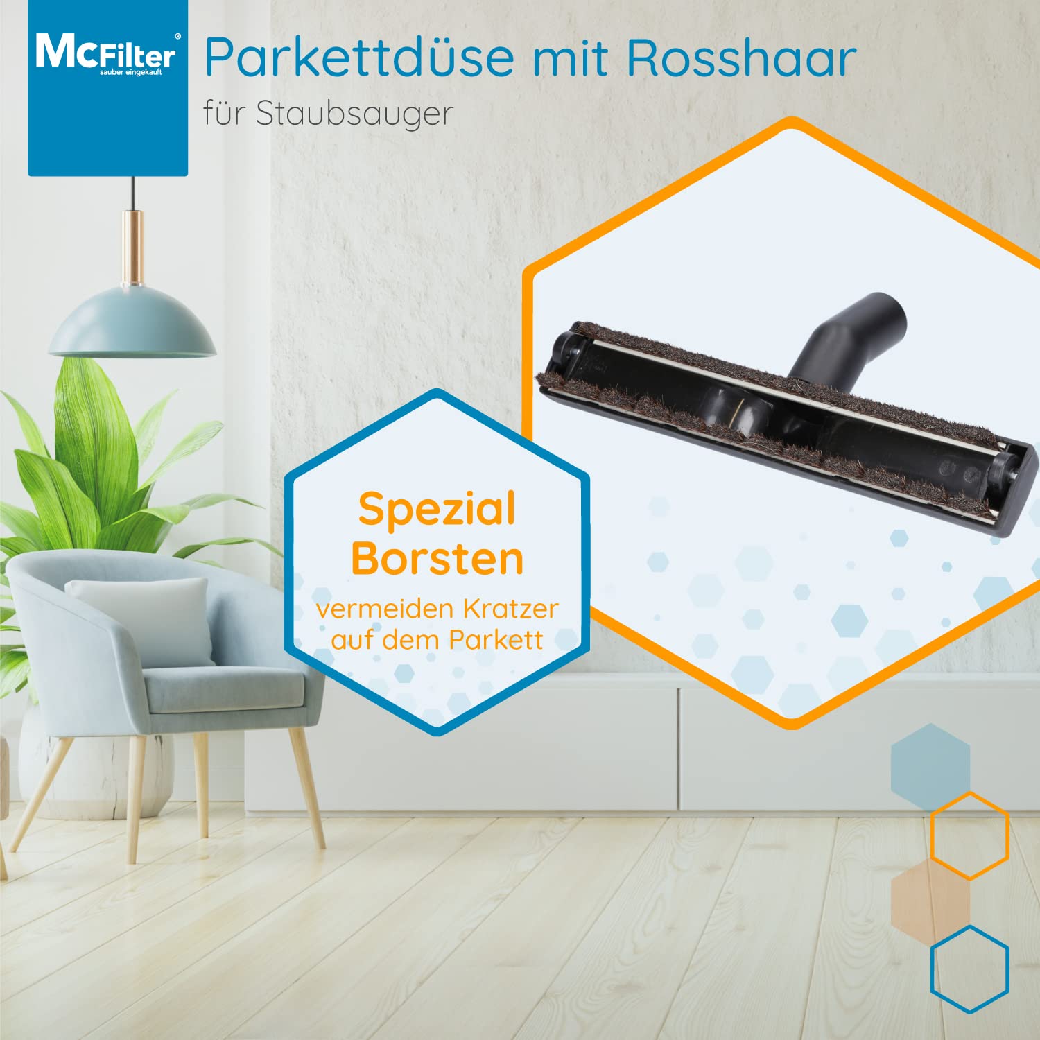 McFilter I Universal 32/35mm Hartbodendüse Staubsaugerdüse 360 mm extra breit kompatibel mit Siemens, Bosch, AEG, Miele, Philips, Samsung, Dirt Devil, Panasonic, 2 Laufräder, weiches Rosshaar