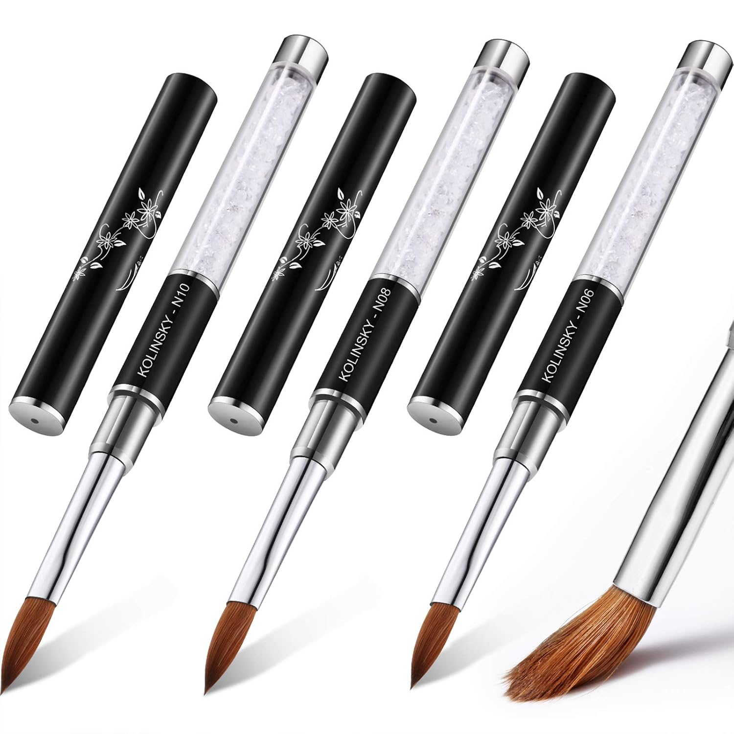 3 Pieces Kolinsky Sable Acrylic Nail Brush Crystal Rhinestone Nail Brush Pen with Metal Handle for Acrylic Nail Powder Manicure Pedicure, Size 6, Size 8, Size 10
