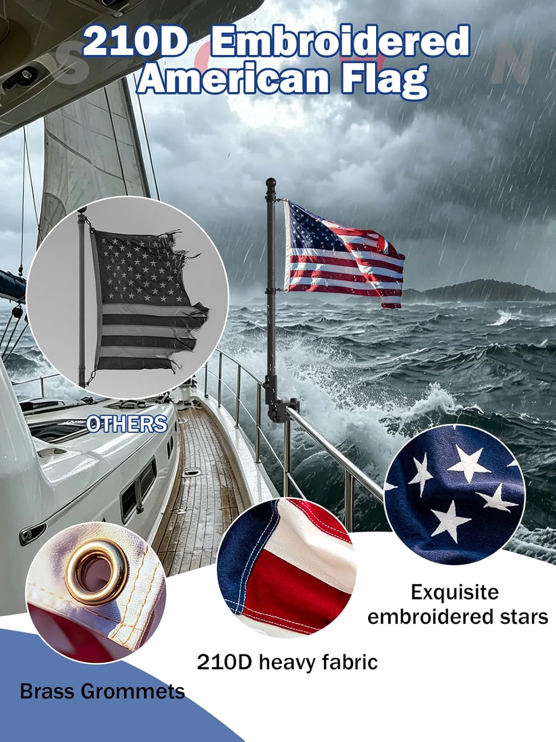 Universal Boat Flag Pole 2.5FT, Adjustable Heavy Duty Aluminum Alloy Rail Mount Clamp for Square & Round Rails, No Drill Flag Pole Holder with Embroidered Flags for Pontoon, Yacht, Golf Cart, ATV