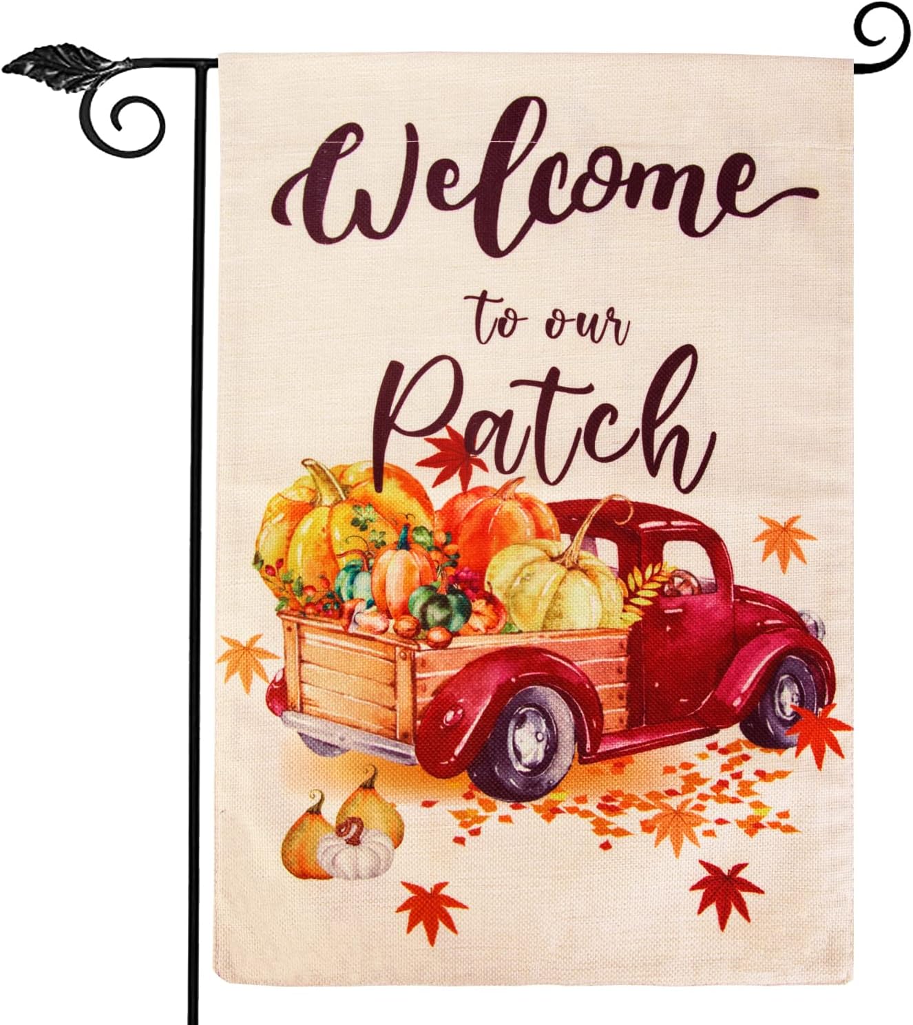 Fall Garden Flag 12.5 x 18 Inch, Pumpkin Fall Leaves Red Truck Yard Flag, Double Sided Thanksgiving Garden Flag Autumn Flag Outdoor Farmhouse Decorations
