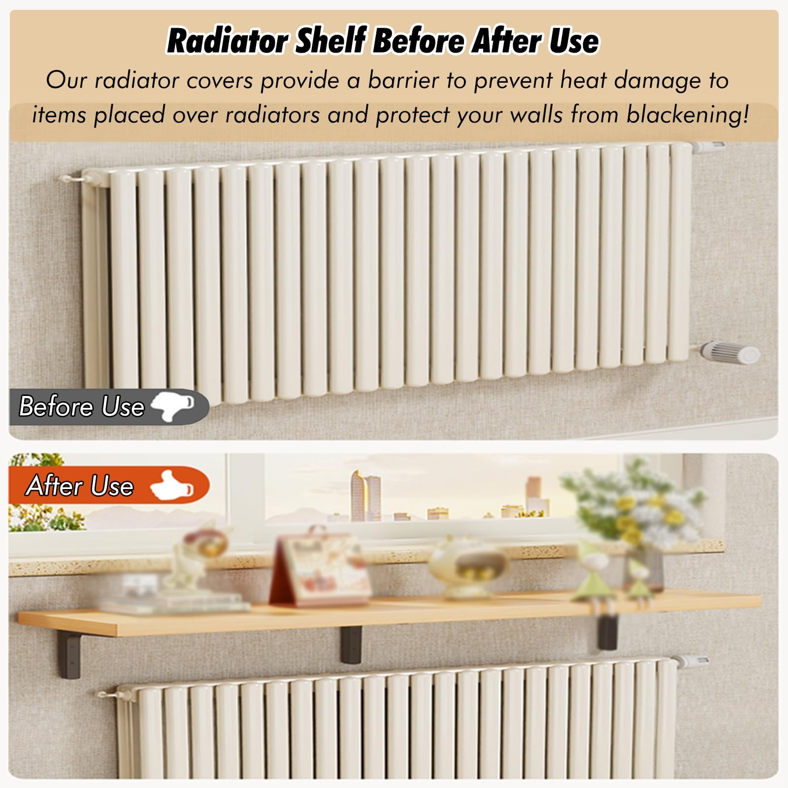 Estante Para Radiador Estante superior de madera para radiador, 40 60 80 100 120 140 cm, cubiertas rectangulares para estante de radiador para el hogar, cubierta profunda para radiador con soportes de