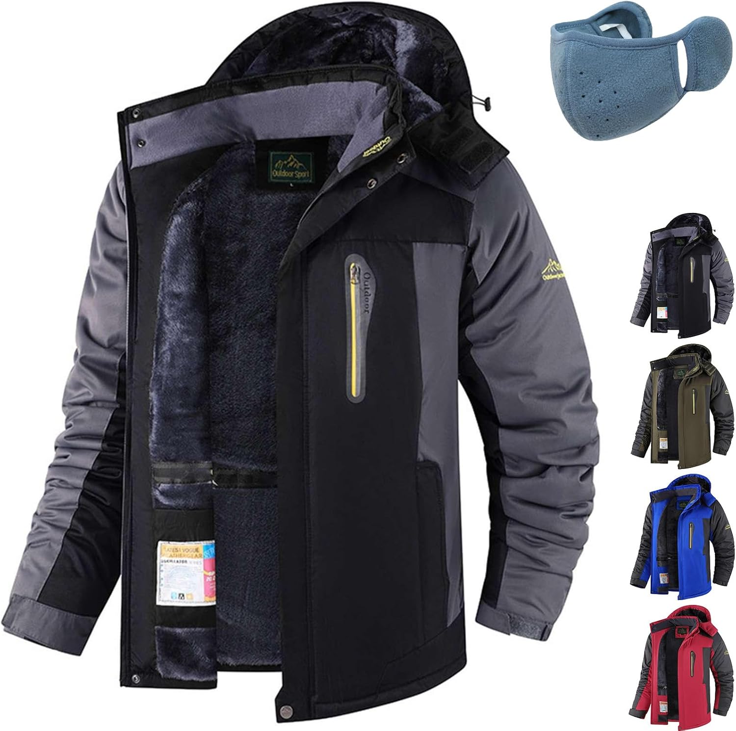 Men's Winter Ski Jacket Windproof Warm Fleece Ski Snow Coat Hooded Parka Jacket Outdoor Skiing Mountain Raincoat