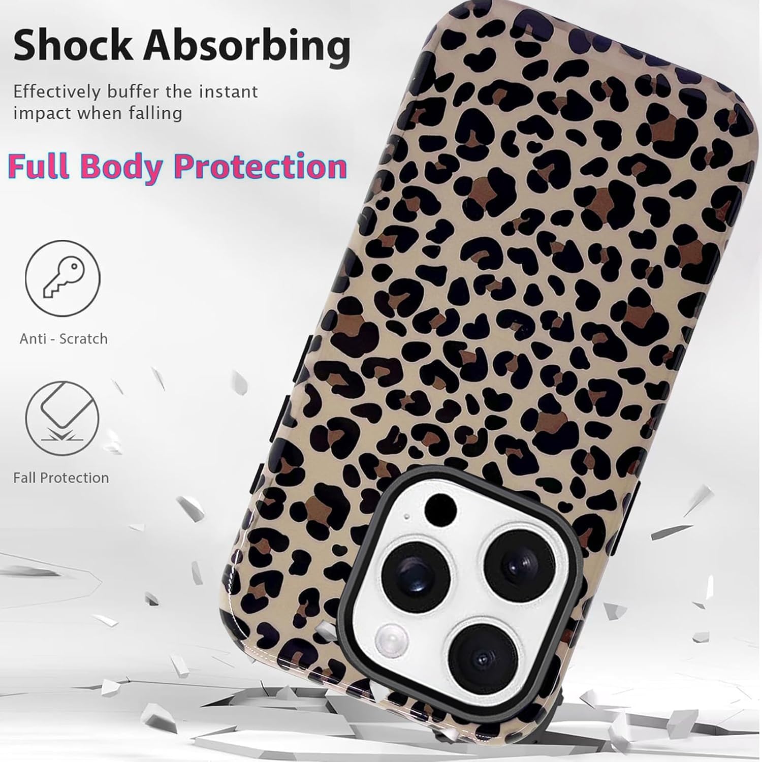 J.west Funda compatible con iPhone 14 Pro de 6.1 pulgadas con 2 protectores de pantalla de vidrio templado, lindo animal leopardo, funda híbrida para niñas y mujeres, fundas protectoras estéticas para
