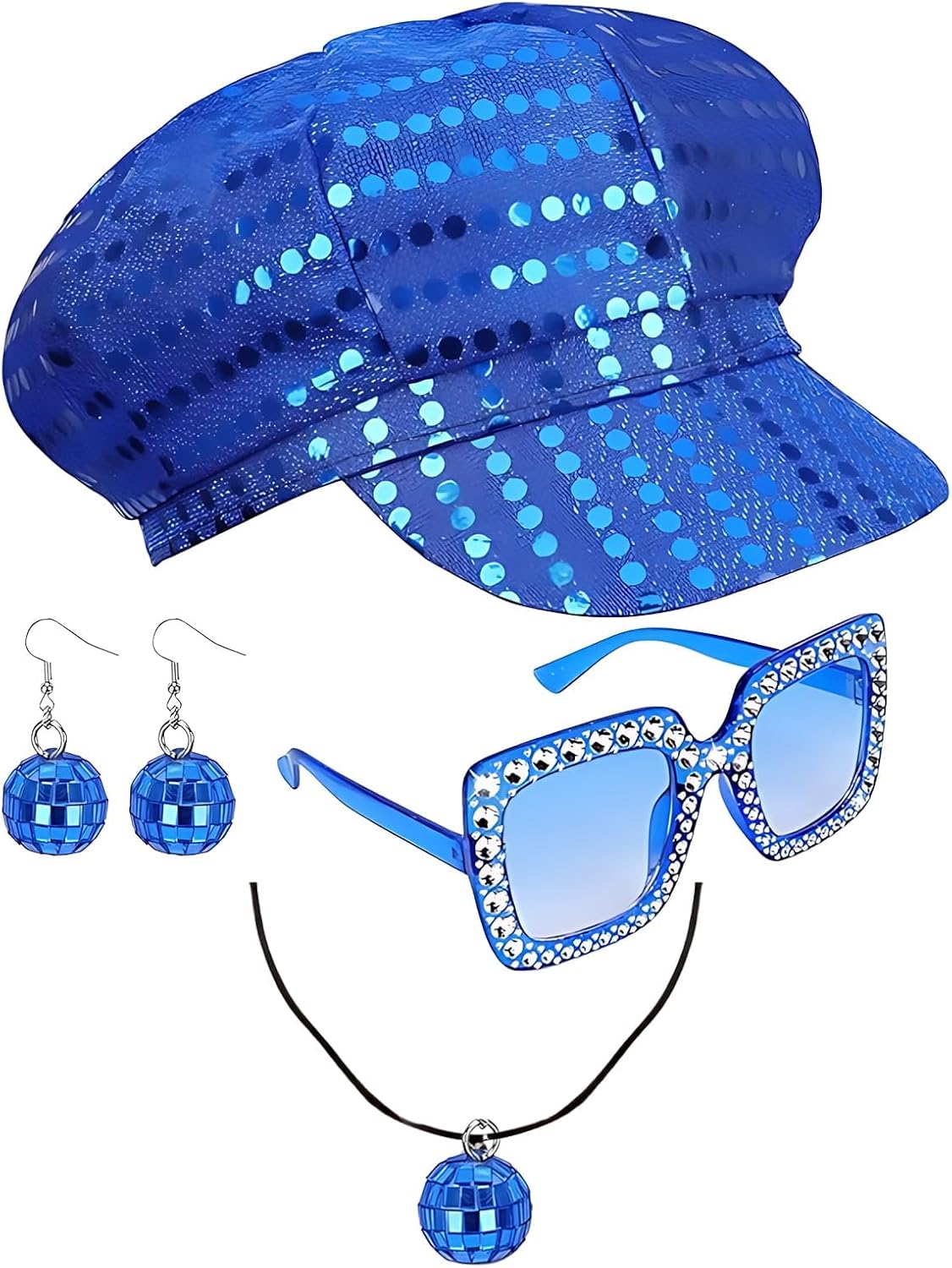 Hat Abba Accessories for Women, 4 Pcs Disco Accessories, Perfect for Disco Party, Birthday Party, Music Festival, Halloween Party, Includes Sequin Hat, Sunglasses, Earrings, Necklace