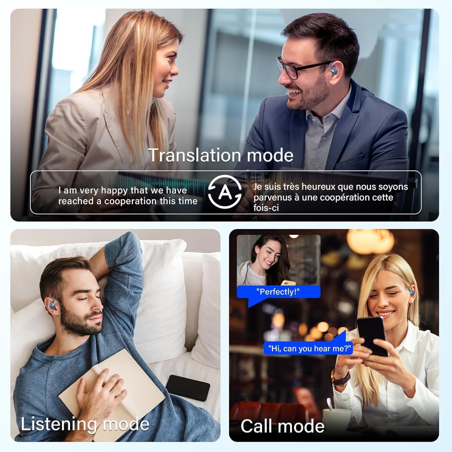 AI Translation Earbuds Real Time, 164 Language Translator Earbuds, 3-in-1 Bluetooth 5.4 Translation Headphones with 5 Translation Modes, 48H AI Ear Buds Translator Device for Learning/Business, Blue