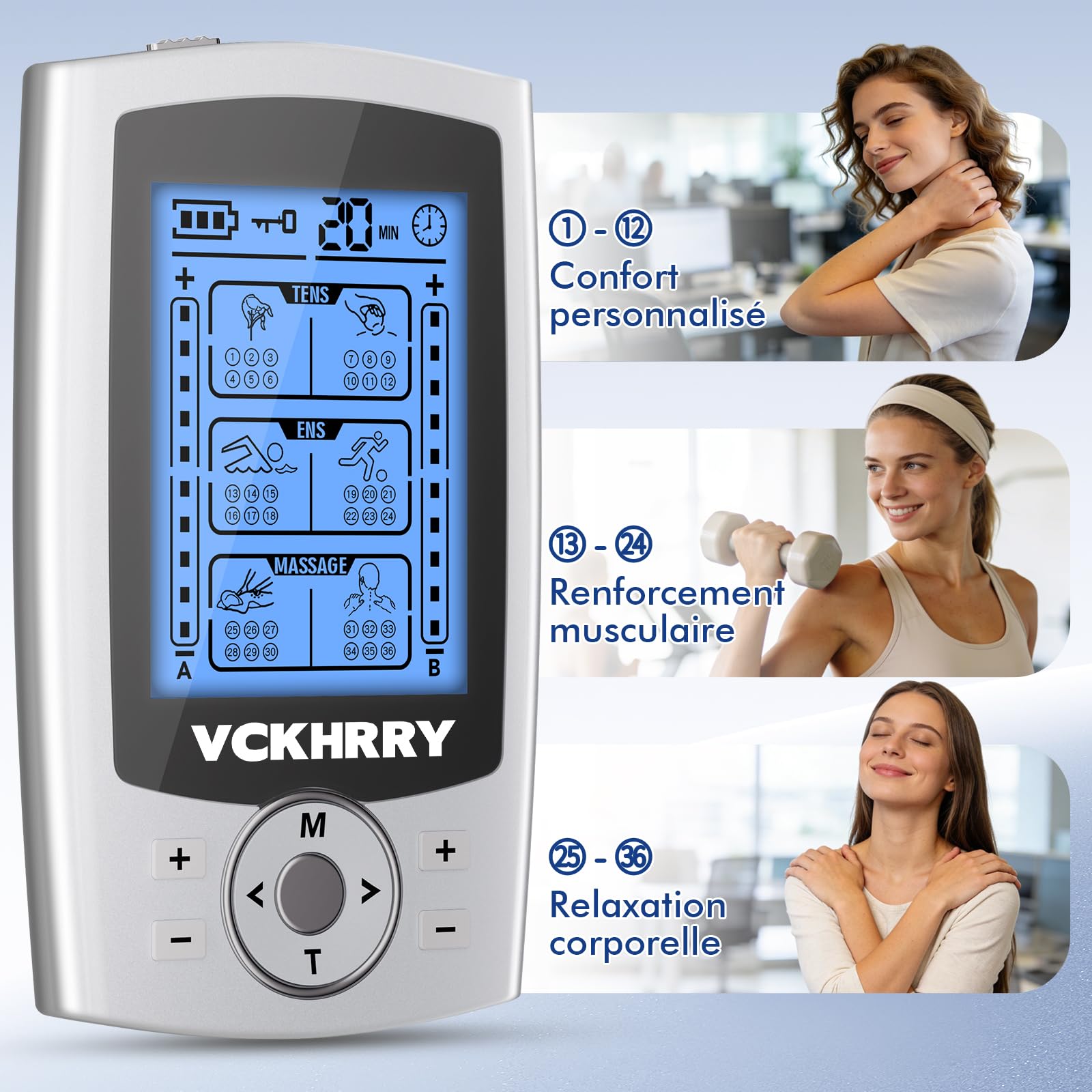 Électrostimulateur Musculaire 3 en 1 TENS EMS, Massage Relaxant | Entraînement Musculaire, 36 Programmes 2 Canaux Indépendants, Réutilisable 10 Électrodes, Facile à Emporter