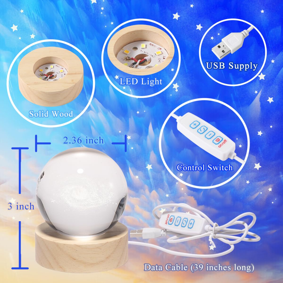 3D Moon Crystal Ball Lamp with Adjustable Brightness LED Wooden Base,Night Light for Kids Teens Adults,Birthday Gift Home Desk Office Bedroom Decor (6cm / 2.4”)​