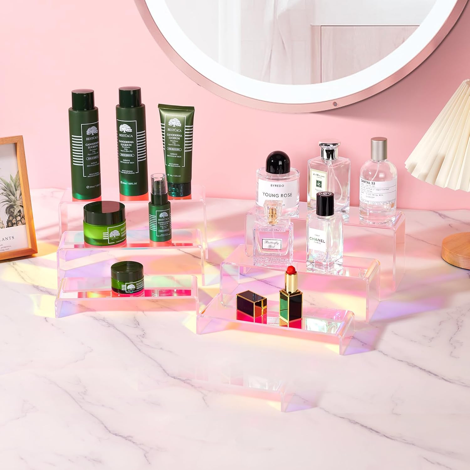 Iridescent Acrylic Riser Set - 9 Pcs (Rectangle Stands + Cube Boxes) for Vibrant Dessert, Collectibles & Christmas Displays