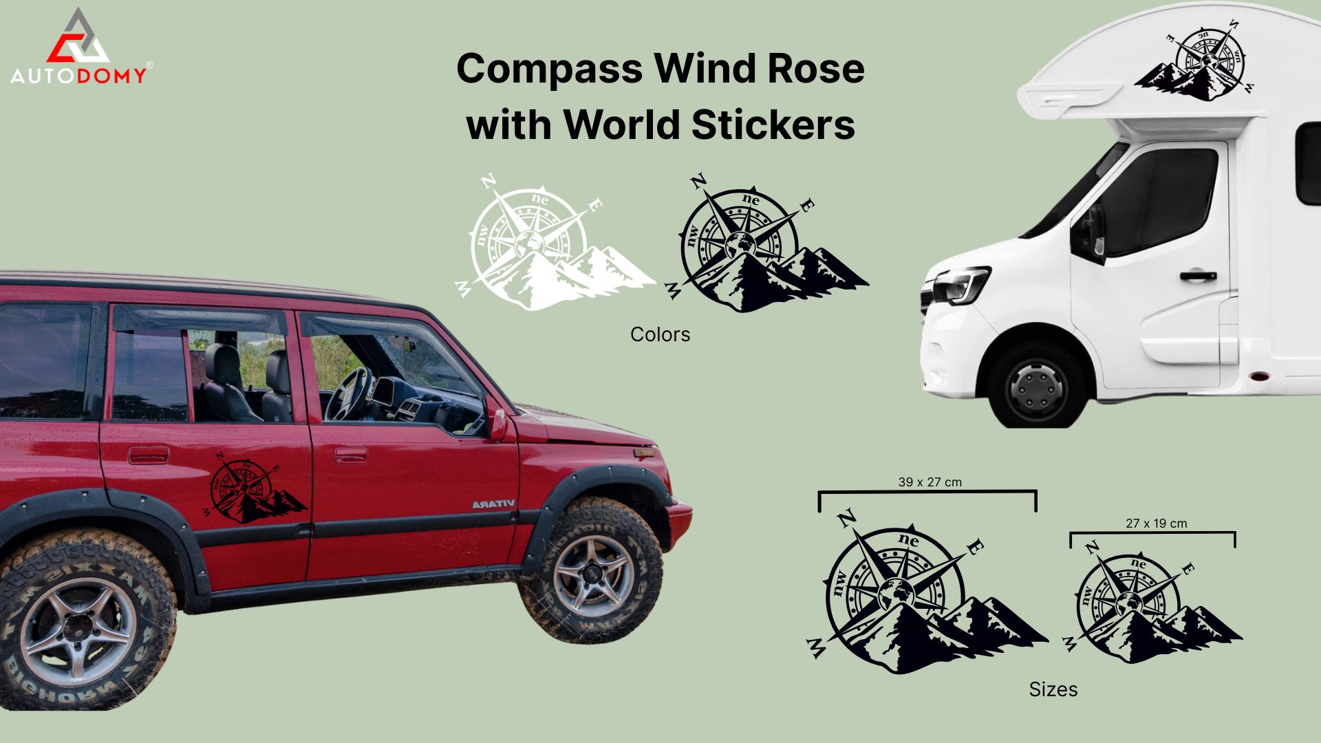 Autodomy Autocollants Boussole Monde Rose des Vents Pack de 2 Unités | Autocollant Camping Car Résiste la Pluie et Soleil | Sticker Voiture, Moto, Van (Blanc, 39x27 cm