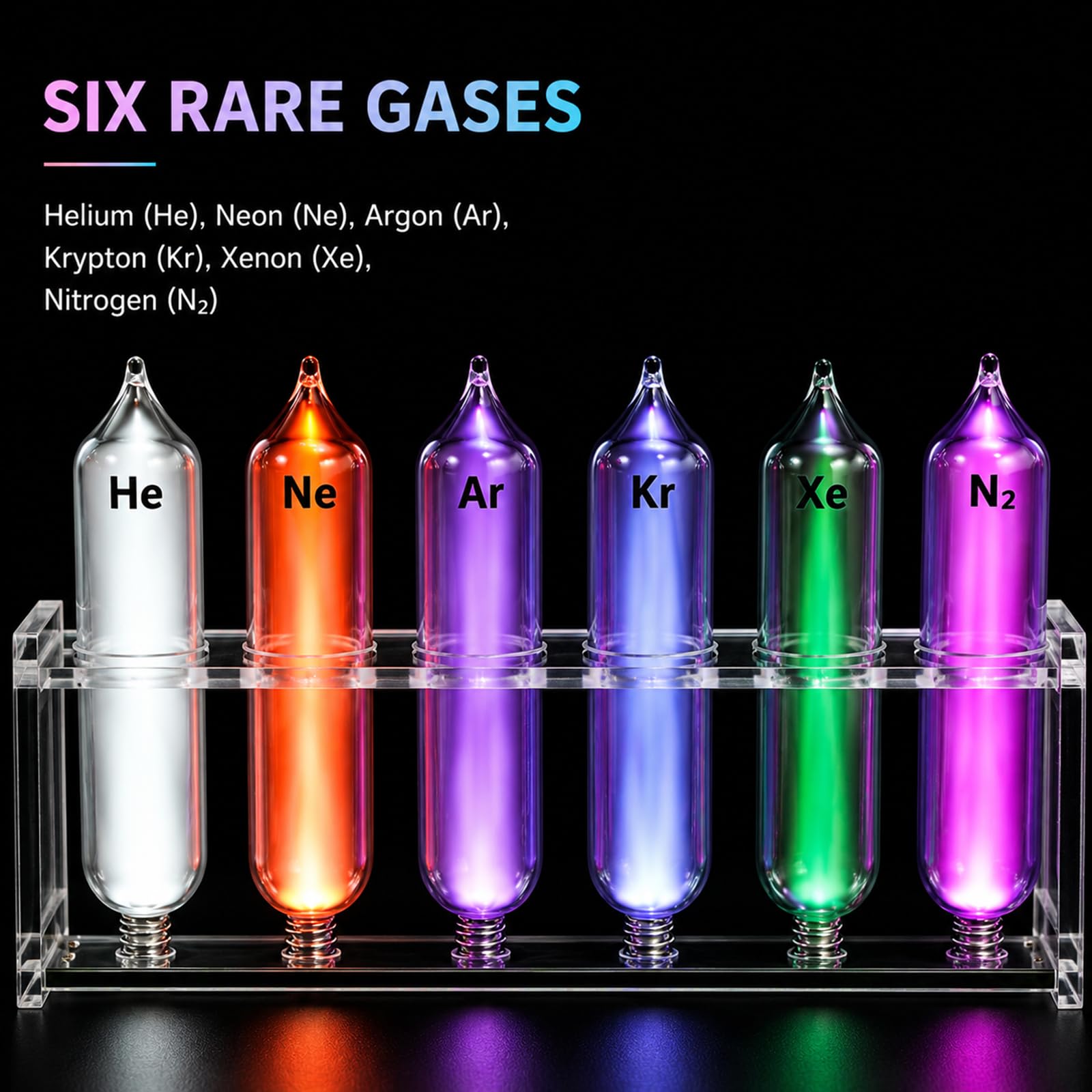 6 Edelgas-glasröhren, Demonstrationsset Für Edelgasglühen Mit Motorisiertem Stativ, 6 Edelgase (he, Ne, Ar, Kr, Xe, N₂), Für Den Chemie- Und Physikunterricht