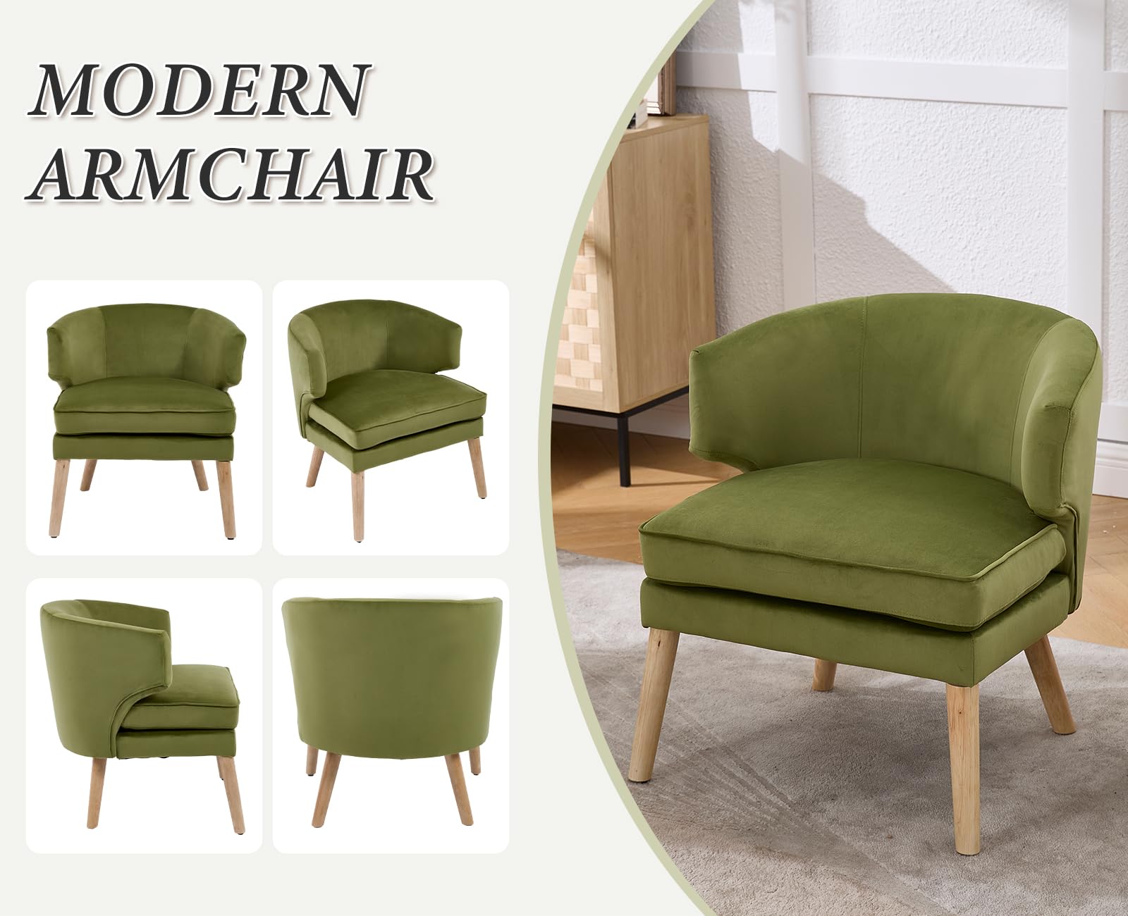 chairus Sessel Samt Einzelsofa mit Holzbeinen, Akzentstuhl Schlafzimmer Loungesessel mit Doppelkissen, Relaxsessel Wohnzimmer, Grün