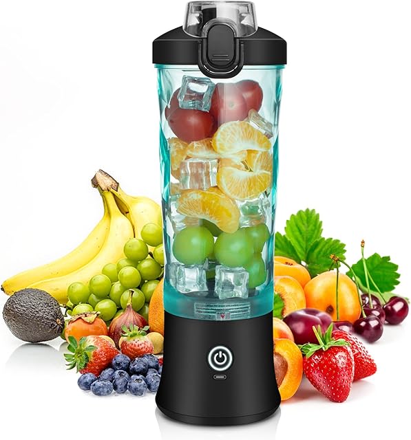 Przenośny blender do smoothie Maker to Go, 600 ml, Fresh Juice Mixer, butelka z 6 ostrzami i możliwością ponownego ładowania typu C, przenośny blender z foremką do lodu do podróży, uprawiania sportu,