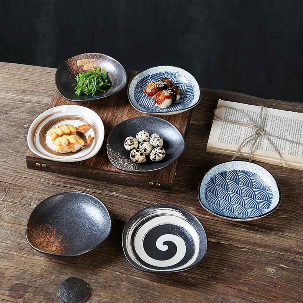 Vintage Soy Sauce Dish 14 OZ, Unique Asymmetrical Dipping Bowls, Ceramic Side Dish Plates Odd-Shaped Shallow Bowls for Condiments/Sushi/Ketchup/BBQ Party, 5.5 Inch (Ancient)