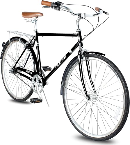 Vista 76 de Tracer Osaka - Bicicletas híbridas, marco de acero, Shimano Nexus Inter 3/7 velocidades, agarre marrón asiento marrón, bicicleta de carretera