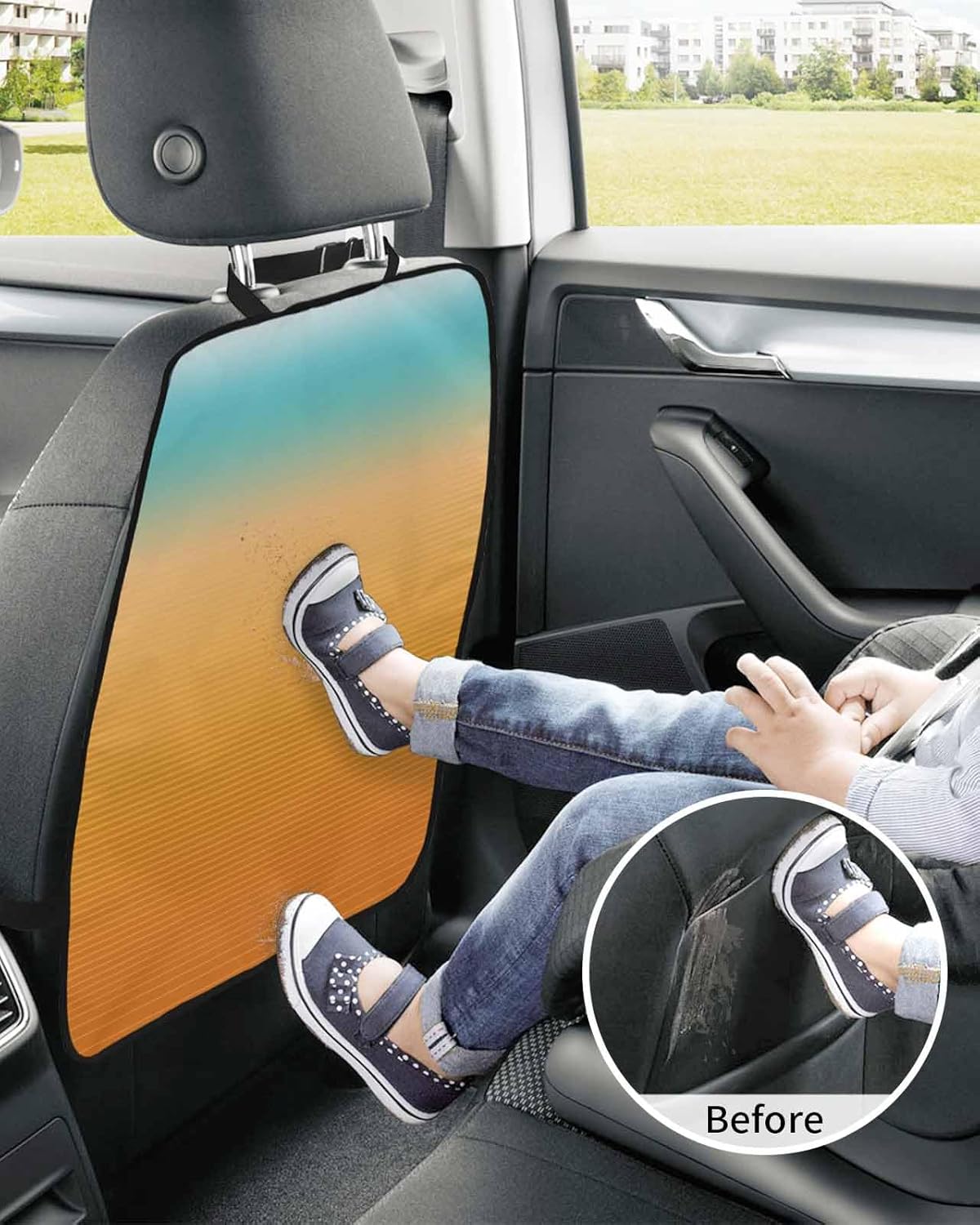 Car Seat Protector, 2 Pack Kick Mats Back Seat Protector Turquoise Orange Stripe Gradient Waterproof Backseat Cover for Kids Universal Fit Automotive Interior Protectors
