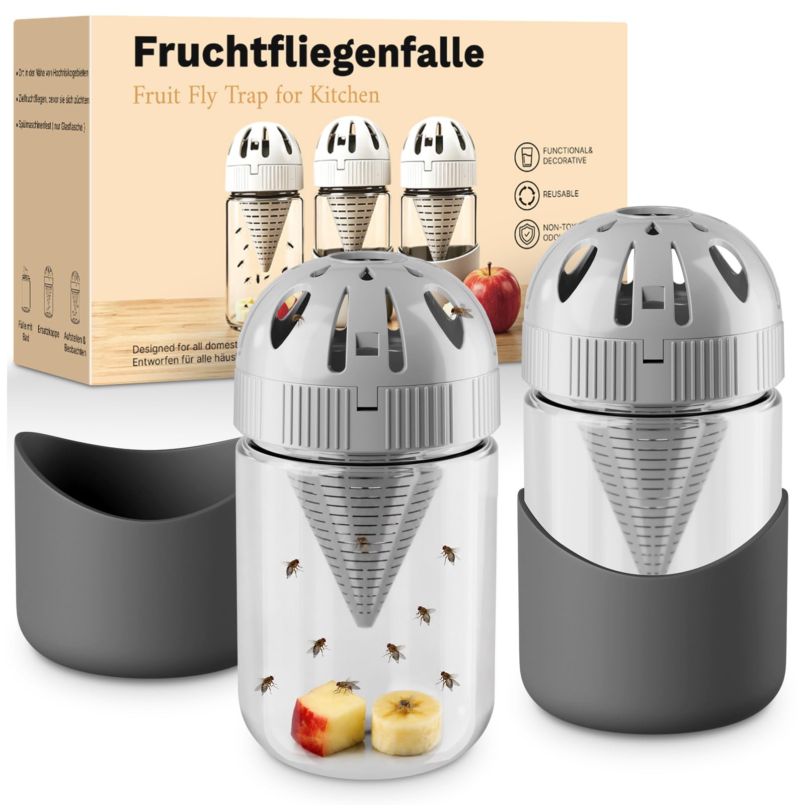 Vepazony 2 Pack Glass Fruit Fly Trap, Escape-proof Lid Indoor Flies Catcher Observable Effective Against Flies Reusable Live Traps for Home Kitchen Use, Grey