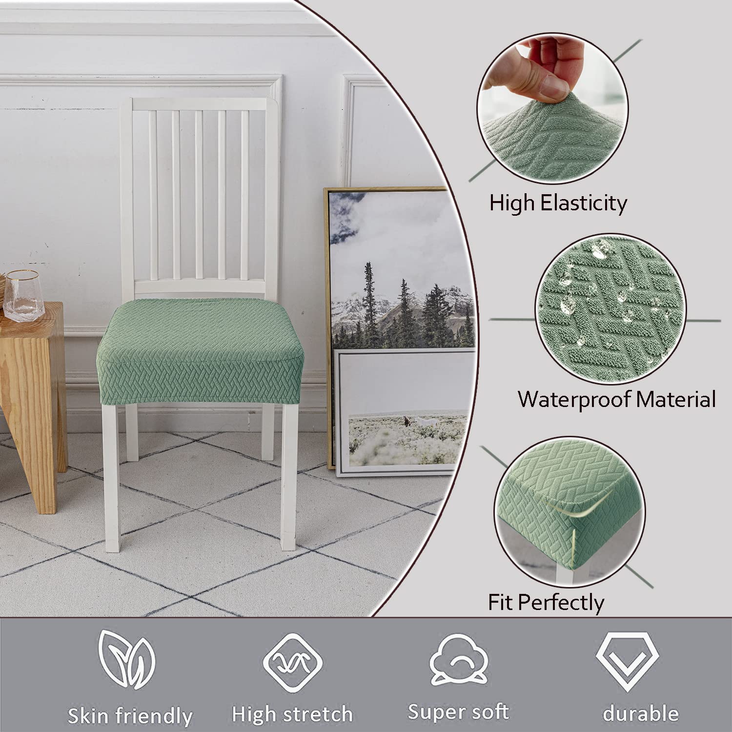 KELUINA Stretch Lattice Jacquard Waterproof Chair Seat Covers for Dining Room 1/2/4/6 PCS Chairs Covers Dining Chair Covers Kitchen Chair Covers (Matcha Green,4 Pcs) - Image 3