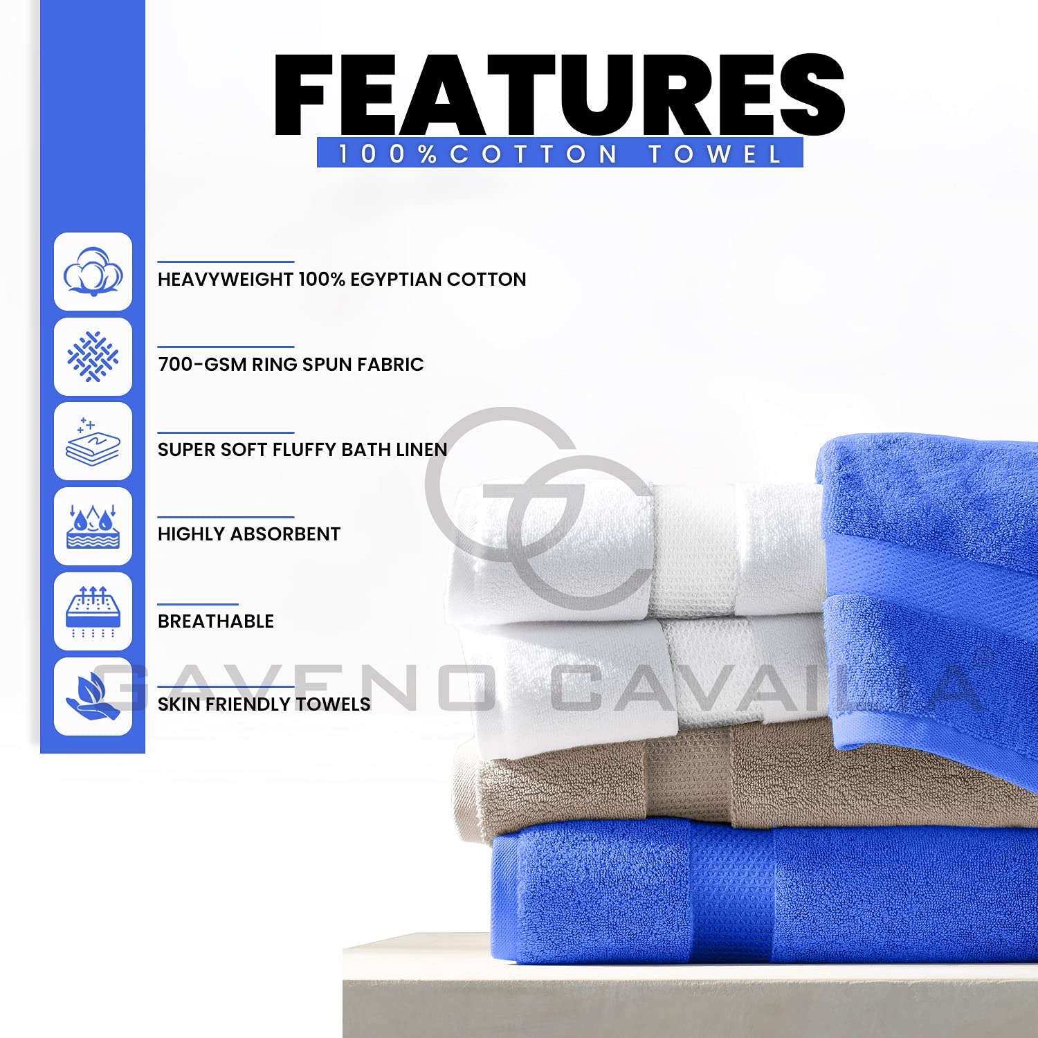 GC GAVENO CAVAILIA 700 GSM Premium Quality Hand Towels, Extra Absorbent 4pk 100% Ringspun Cotton Towel, Royal Blue, 4PK - Image 2