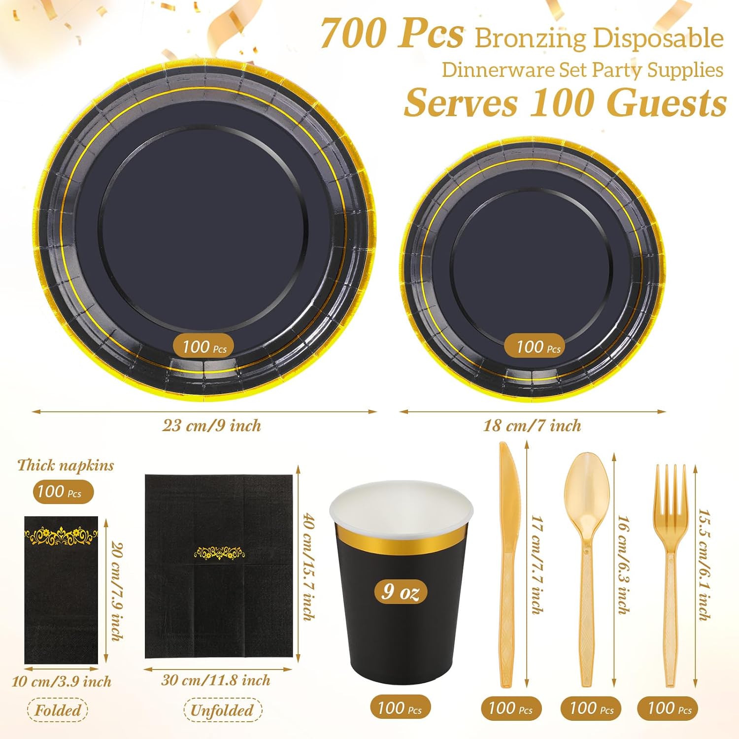 700 Pcs Disposable Dinnerware Set for 100 Guests Include 200 Paper Plates, 300 Plastic Silverware, 100 Paper Cups, 100 Napkins for Wedding Birthday Party Supplies(Black with Gold Rim) - Image 2