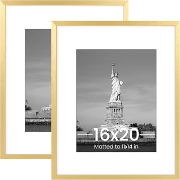 ENJOYBASICS 16x20 Picture Frame, Display Poster 11x14 with Mat or 16 x 20 Without Mat, Wall Gallery Photo Frames, Gold, 2 Pack