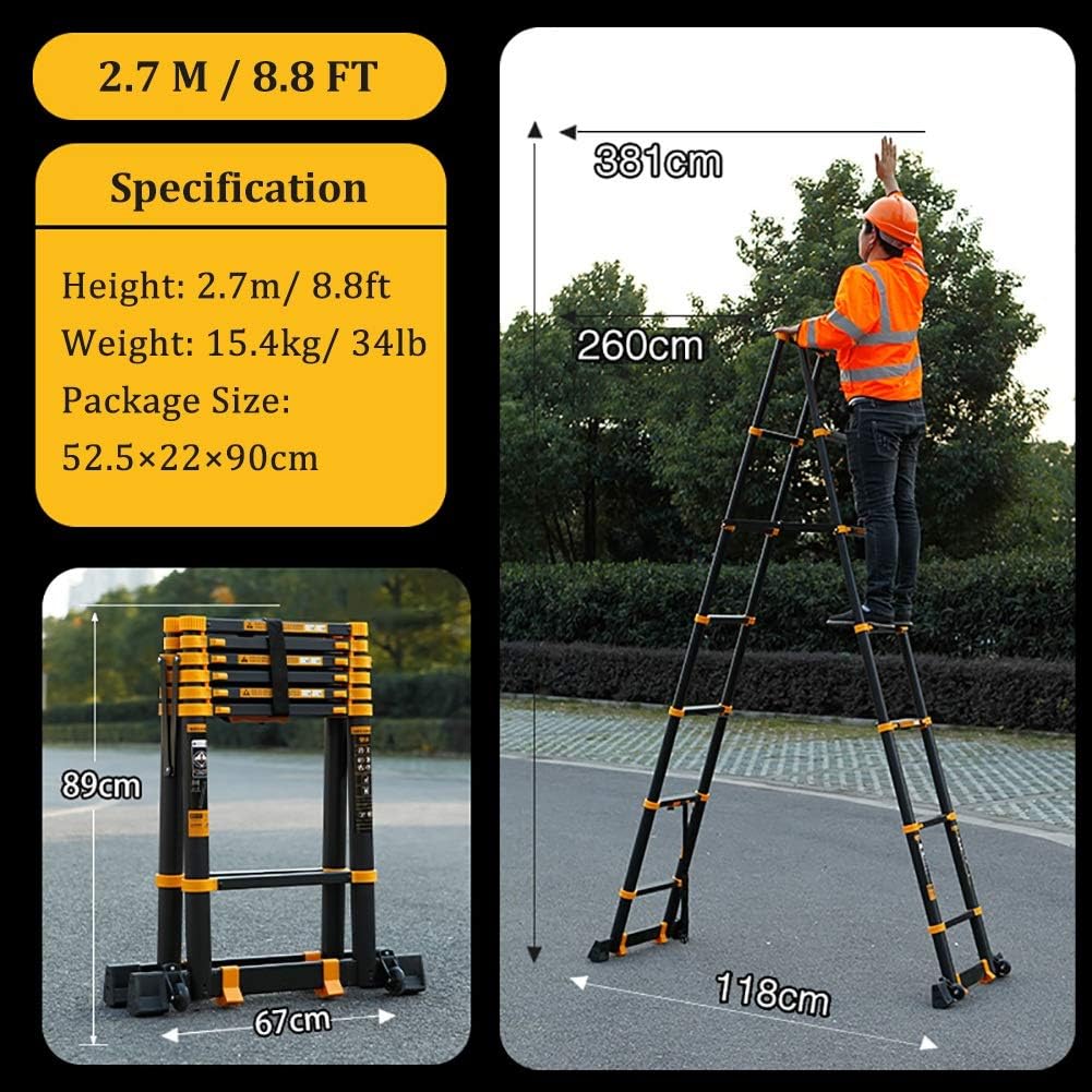 Heavy Duty Foldable Aluminum Extension Ladder - Telescoping Design with Stabiliser & Wheels 330lb Load Capacity Ideal for Home Loft & Industrial Use Indoor/Outdoor Steps