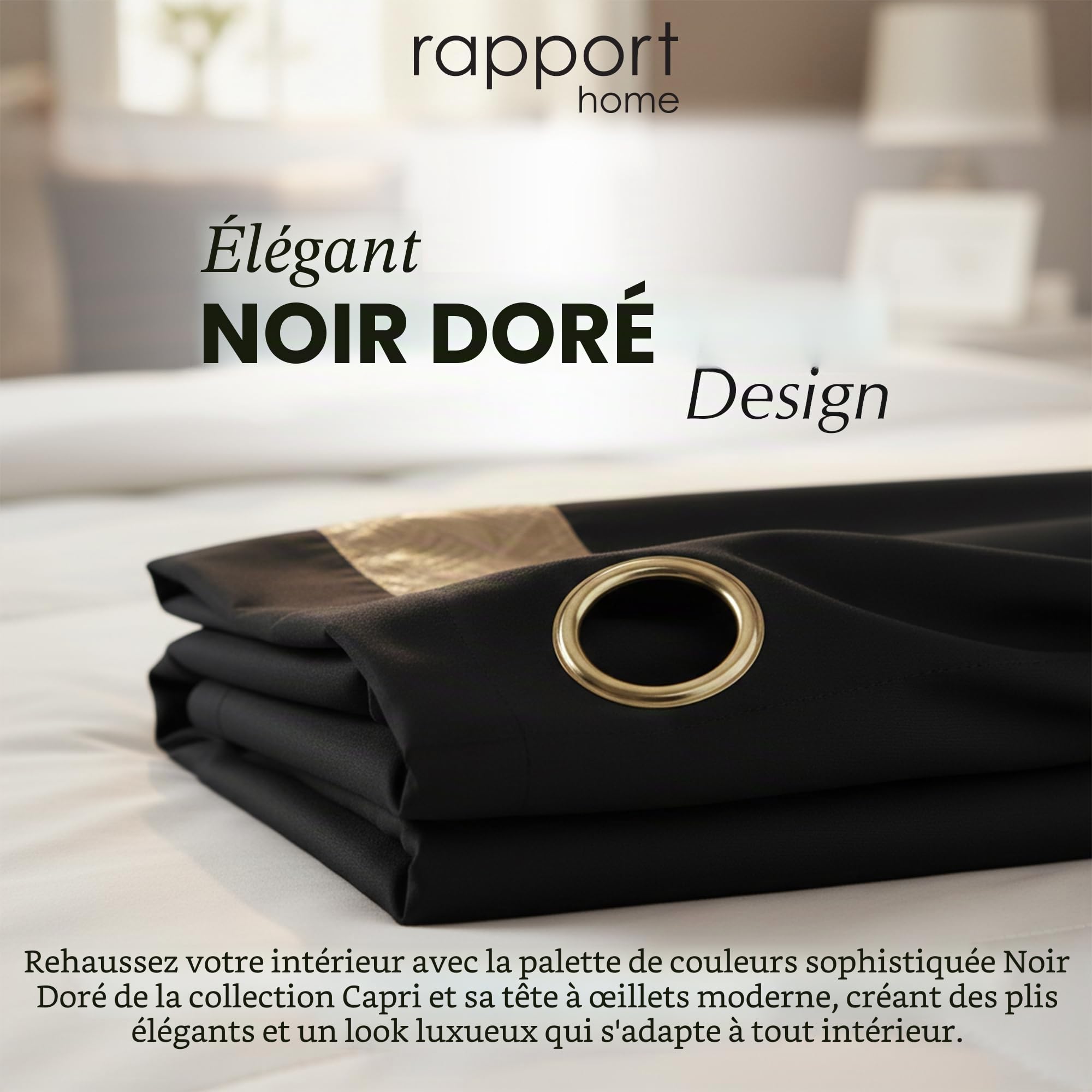 Rapport Capri Paire de Rideaux à œillets en Velours Noir/doré 168 x 183 cm