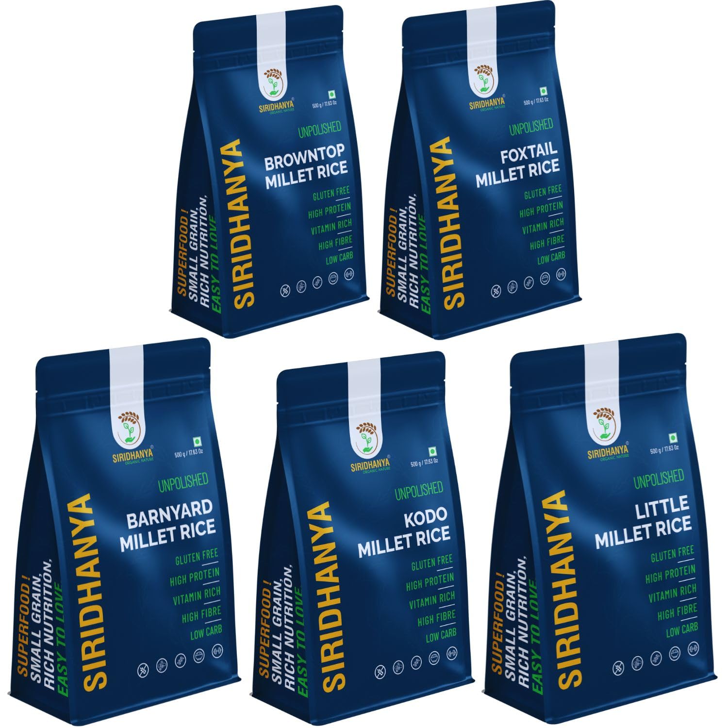 Siridhanya unpolished millets combo pack 5 | Kodo | Little | Barnyard | Foxtail | Brown top | Dr Khadar Vali recommended millets | Gluten free | High protein | Vitamin rich | Non-GMO | Naturally grown from Andhra Pradesh (India) 500gx5-image-29