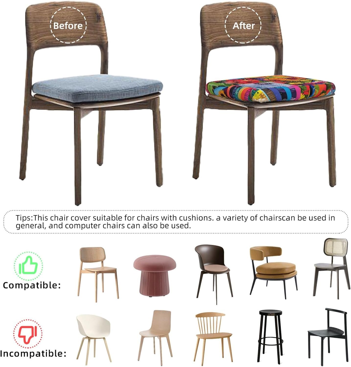 Colorful Collage Print Square Cushion Covers 6 Pcs Set Elastic Non-Slip Seat Cushion Slipcovers Pet Furniture Protectors for Chair, Sofa