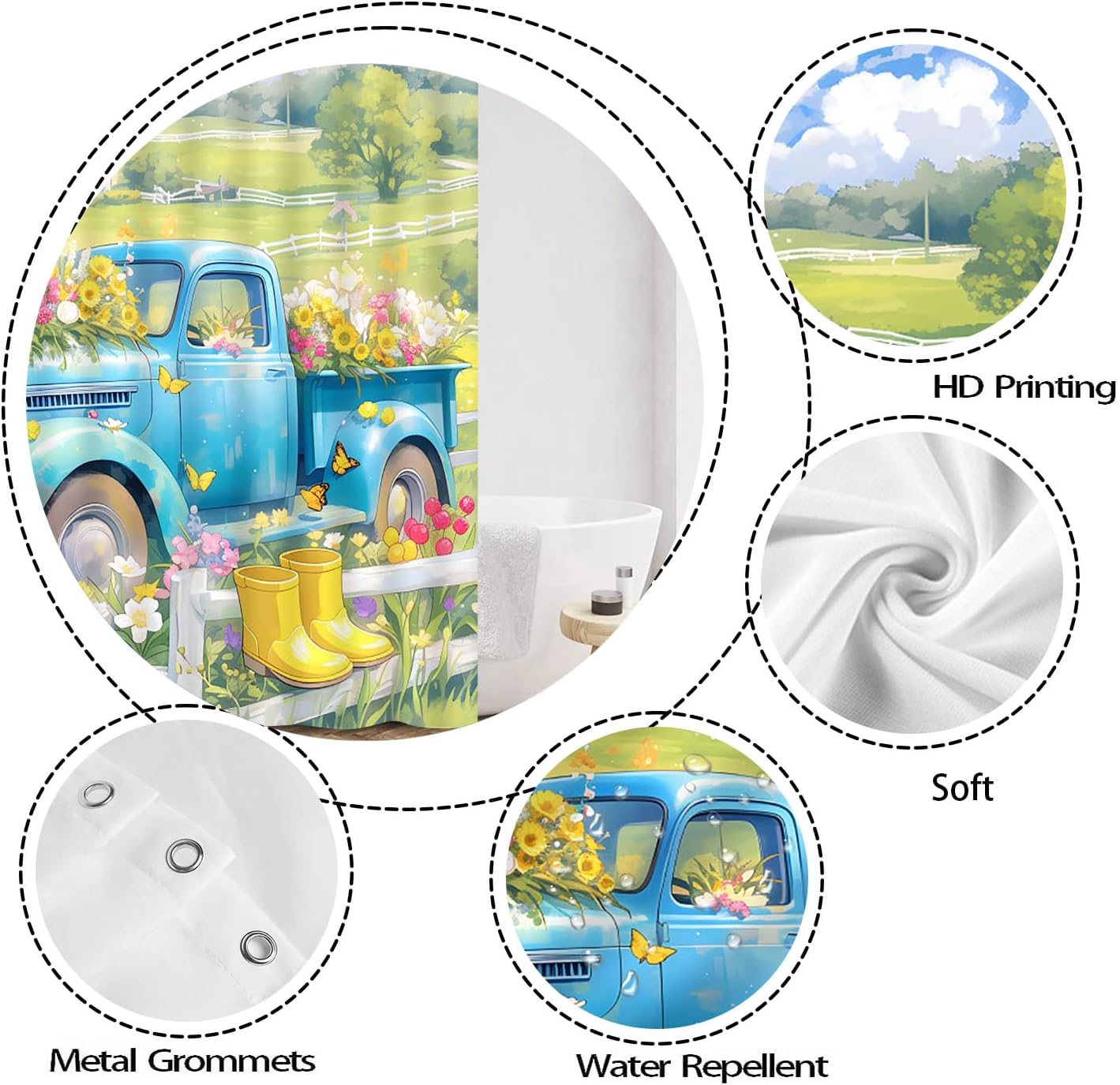 4 Piece Spring Truck Floral Shower Curtain Sets with Rugs, Toilet Lid Cover, Farmhouse Car Butterfly Country Rustic Cabin Woman Girls Romantic Nature Oil Bathroom Shower Curtain with 12 Hooks