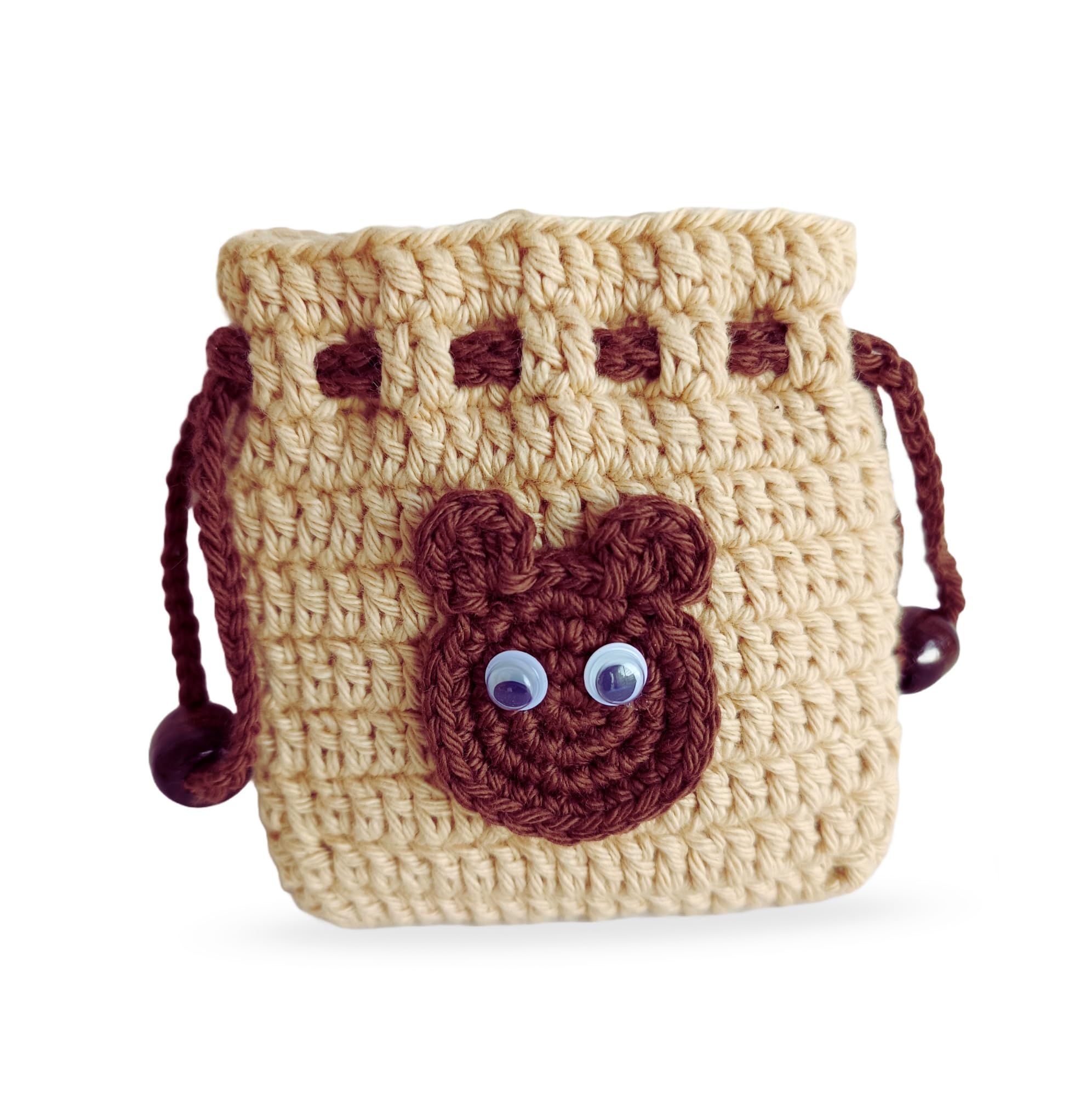 TOJE Handmade Crochet Bear Pouch with Drawstring Pouch, Airpods Cover, 8 cm x 8 cm, Beige (Pack of 1)-picture-39