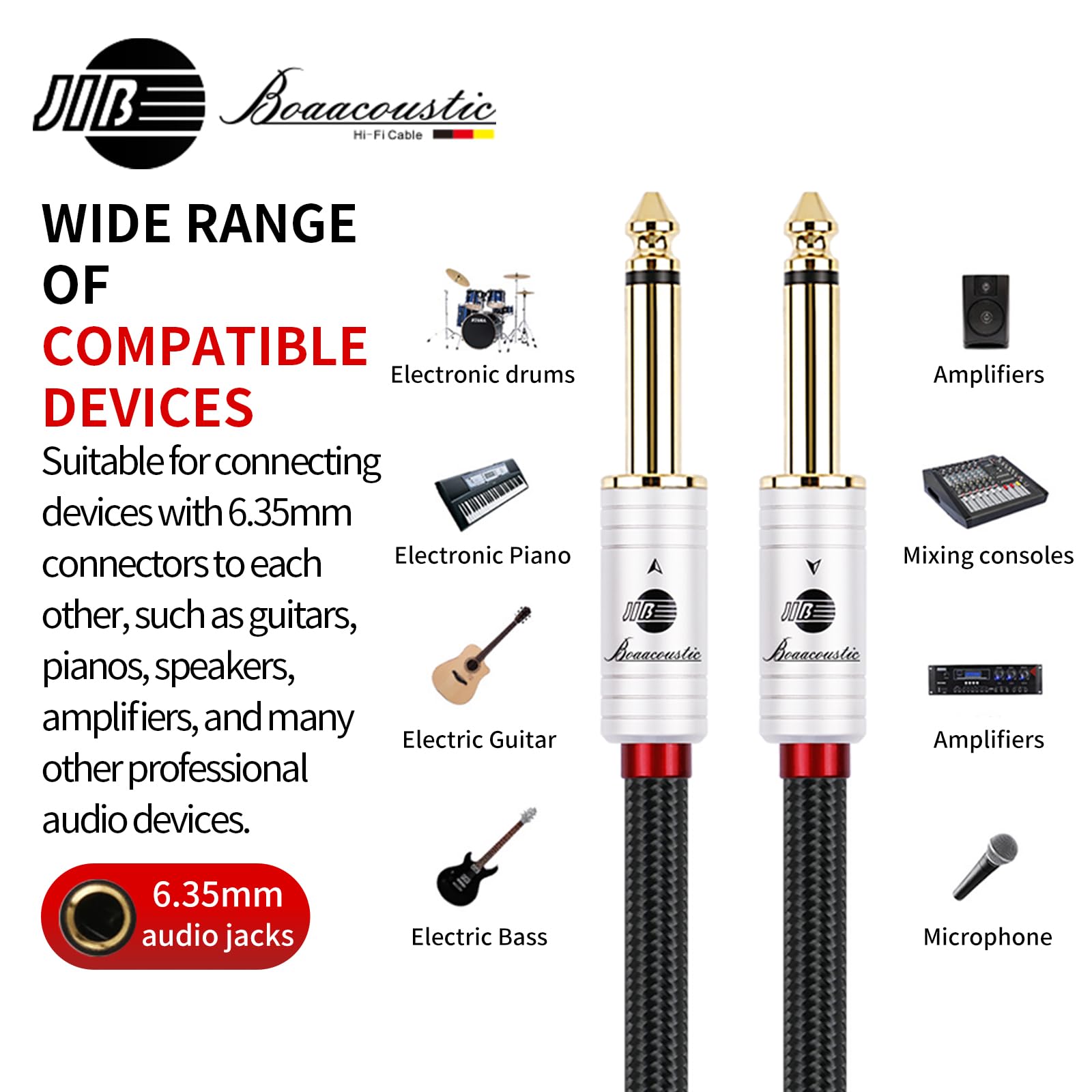 BOAACOUSTIC JIB Cavo Jack Chitarra Elettrica Strumenti Alta Qualità Cavo Audio Jack 6.3 Mono Strumento Audiofila Professional per collegare Chitarra elettrica, Basso Tastiera a Amplificatore 3m