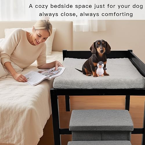 Miniatura 2 de Cama de noche para perro con escaleras, cama elevada de madera para perros de 35 x 23 pulgadas con colchón extraíble, escaleras plegables de 3