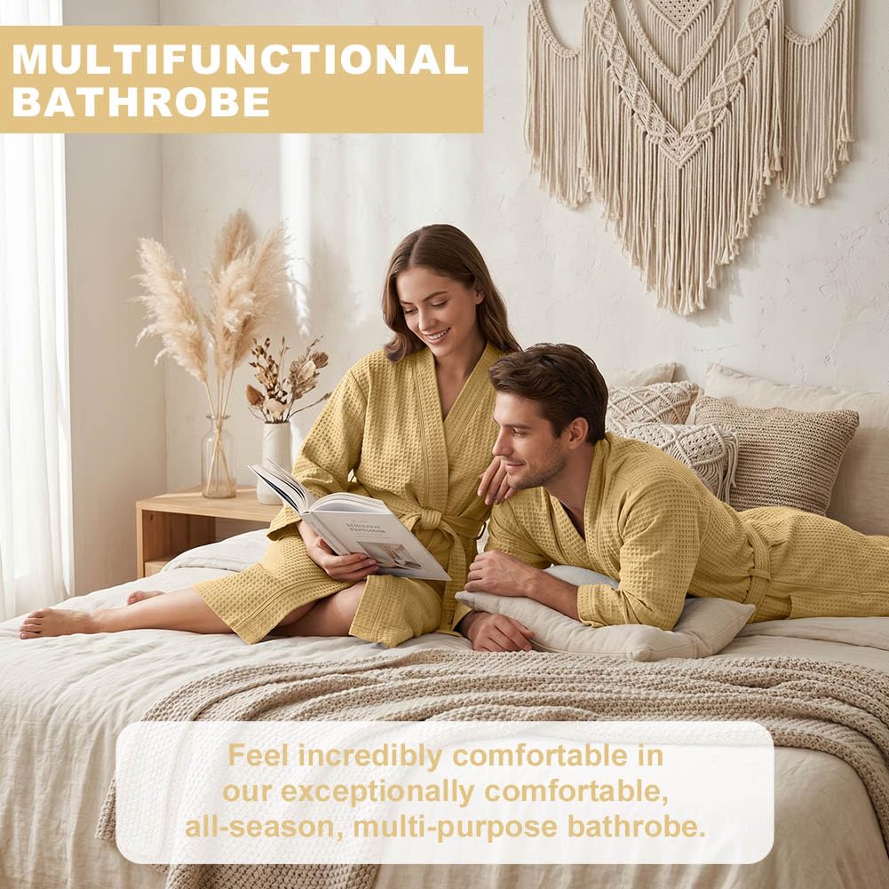 AUYAO Peignoir de Bain Homme et Femme, Peignoir Léger et Doux, Robe de Chambre avec Poches, Ceinture, Sortie de Bain Gaufré Homme, Vêtements de Nuit pour Hommes