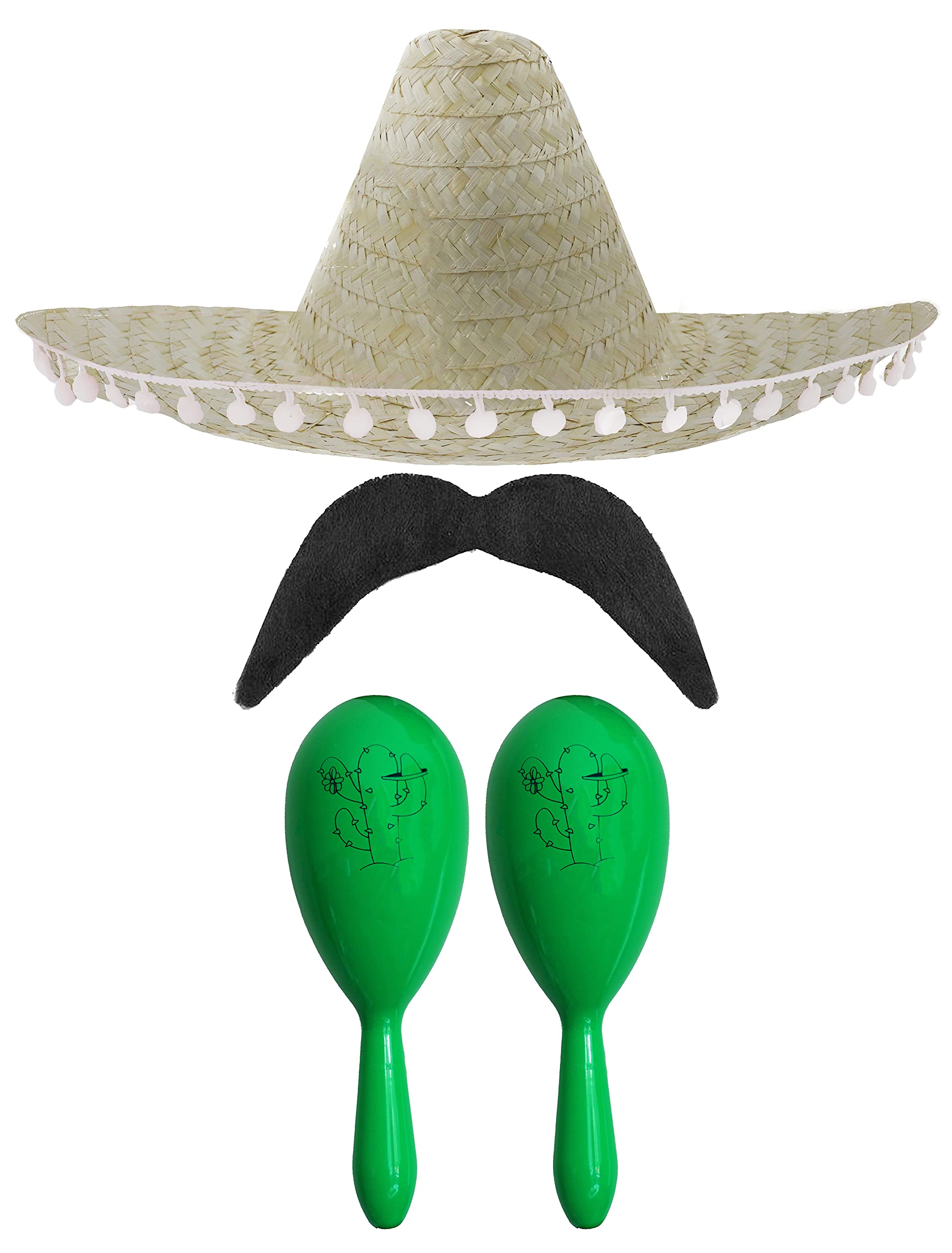 Adults Mexican Accessory Set - Natural Mexican Sombrero, Green Maracas, Moustache - Mexican Cinco de Mayo Sensorita Bandit Mariachi Fancy Dress Costume Accessory Set