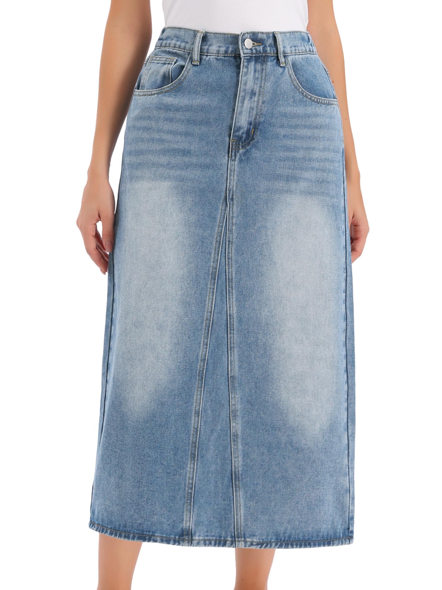 Allegra K Femme Jupe Longue en Jean Taille Haute Coupe Trapèze | Délavé Coupe Trapèze 5 Poches Style Polyvalent Décontracté Printemps Été