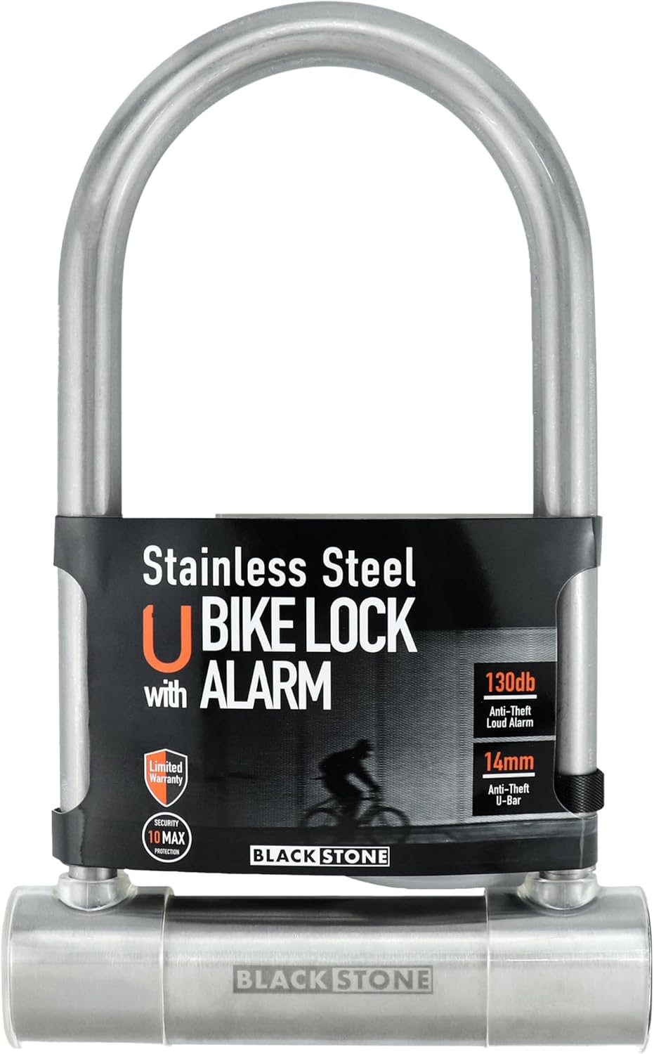 Black Stone Stainless Steel U Bike Lock-130dB Alarm System, 14mm Reinforced Shackle - Ideal for Urban Cyclists & E-Bikes, 100mm Fat tire