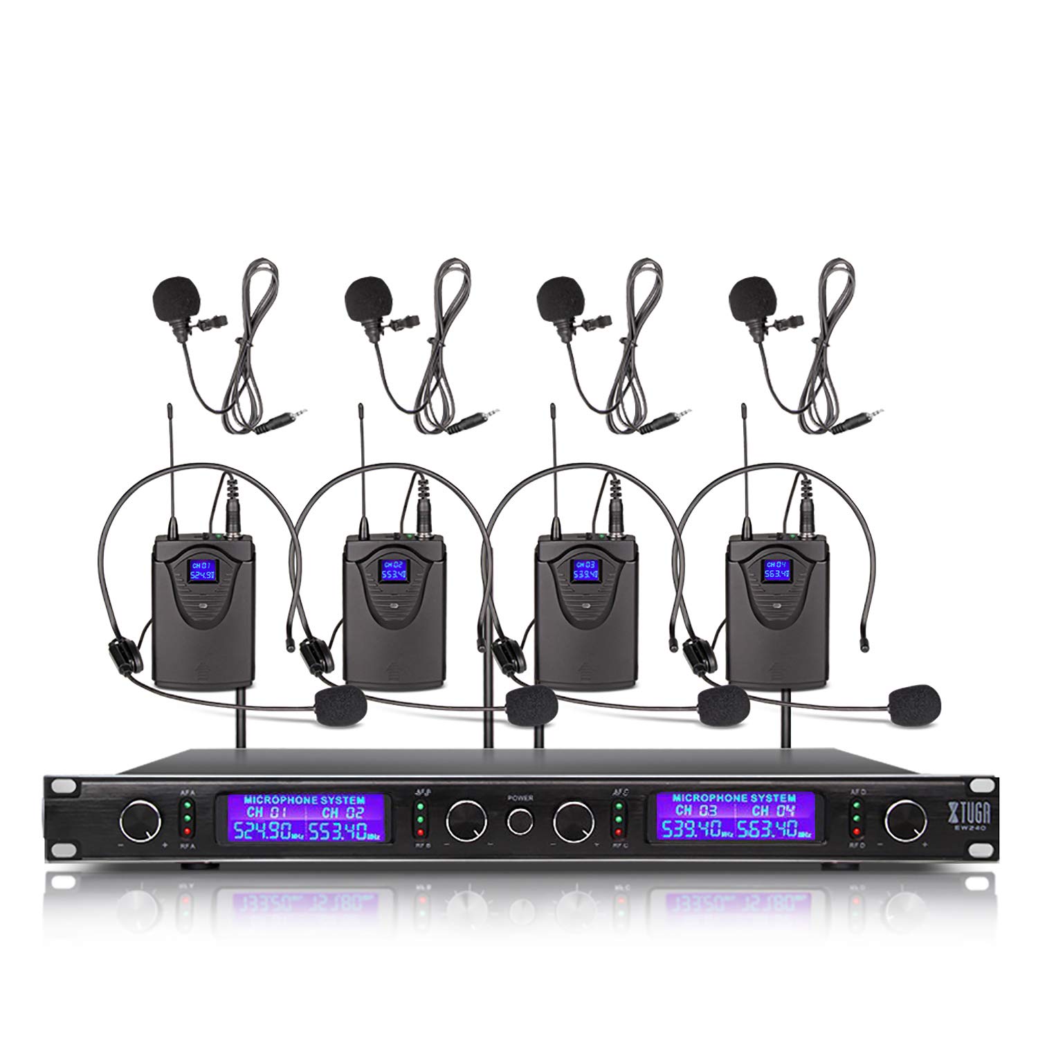 XTUGA EW240 UHF Rocket Audio 4 Channel Wireless Microphone System UHF Wireless Microphone System Metal Receiver with 4 bodapack for Stage Church Use for Family Party, Church, Small Karaoke Night