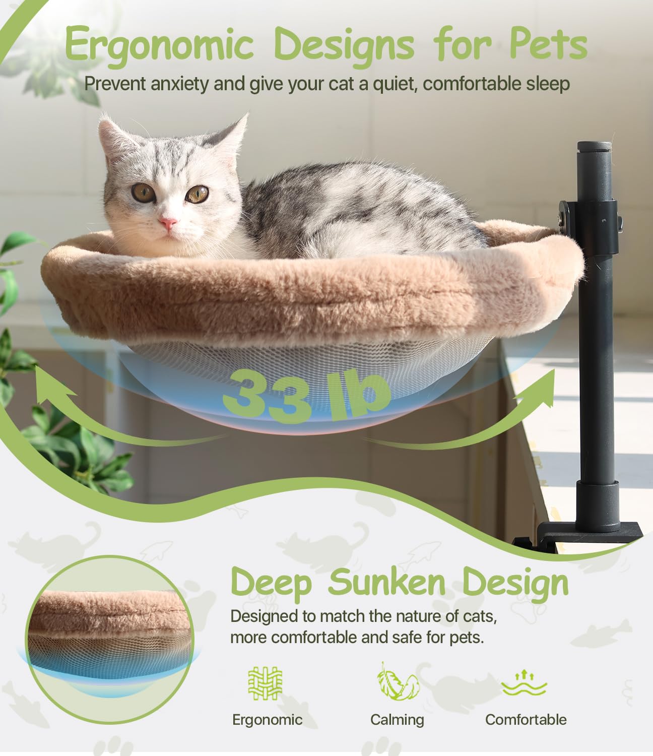 Giisorde Cat Desk Bed, Washable Pet Desk Bed, Indoor and Outdoor Cat Hammock, Maximum Weight Capacity 33 lbs,Comfortable and Soft Cat Pet Bed, 360° Swivel and Height Adjustable Cat Shelf, Grey
