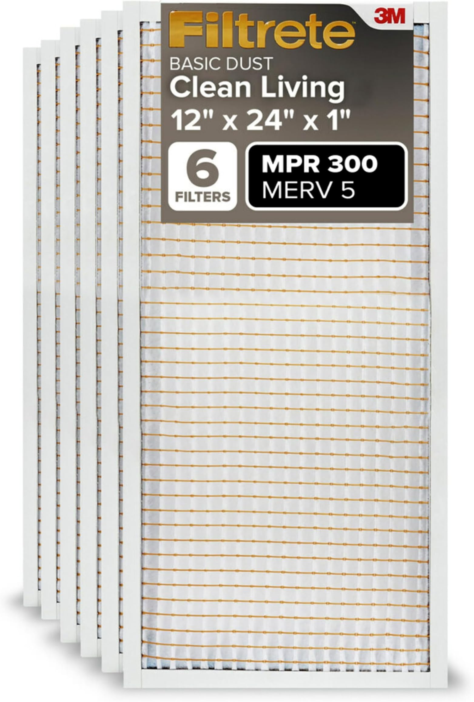 Filtrete 12x24x1 Air Filter MERV 5, 6-Pack AC Furnace Filters for Home HVAC, MPR 300 Basic Dust Defense, Removes Lint & Household Dust, 3-Month Pleated Electrostatic (Actual Size 11.69x23.69x0.81 in)