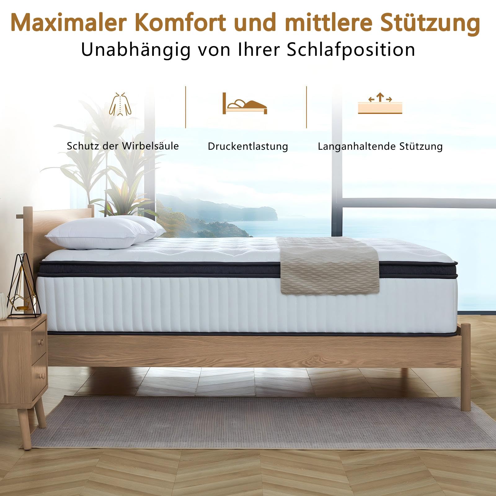 Tegeniss Matratze 140x200, Taschenfederkernmatratze mit 25 cm Höhe, 7-Zonen, H3 mittelfest, Druckentlastung, verstärkte Kantenstütze, Bewegungsisolierung, Atmungsaktivität und Vakuumverpackt