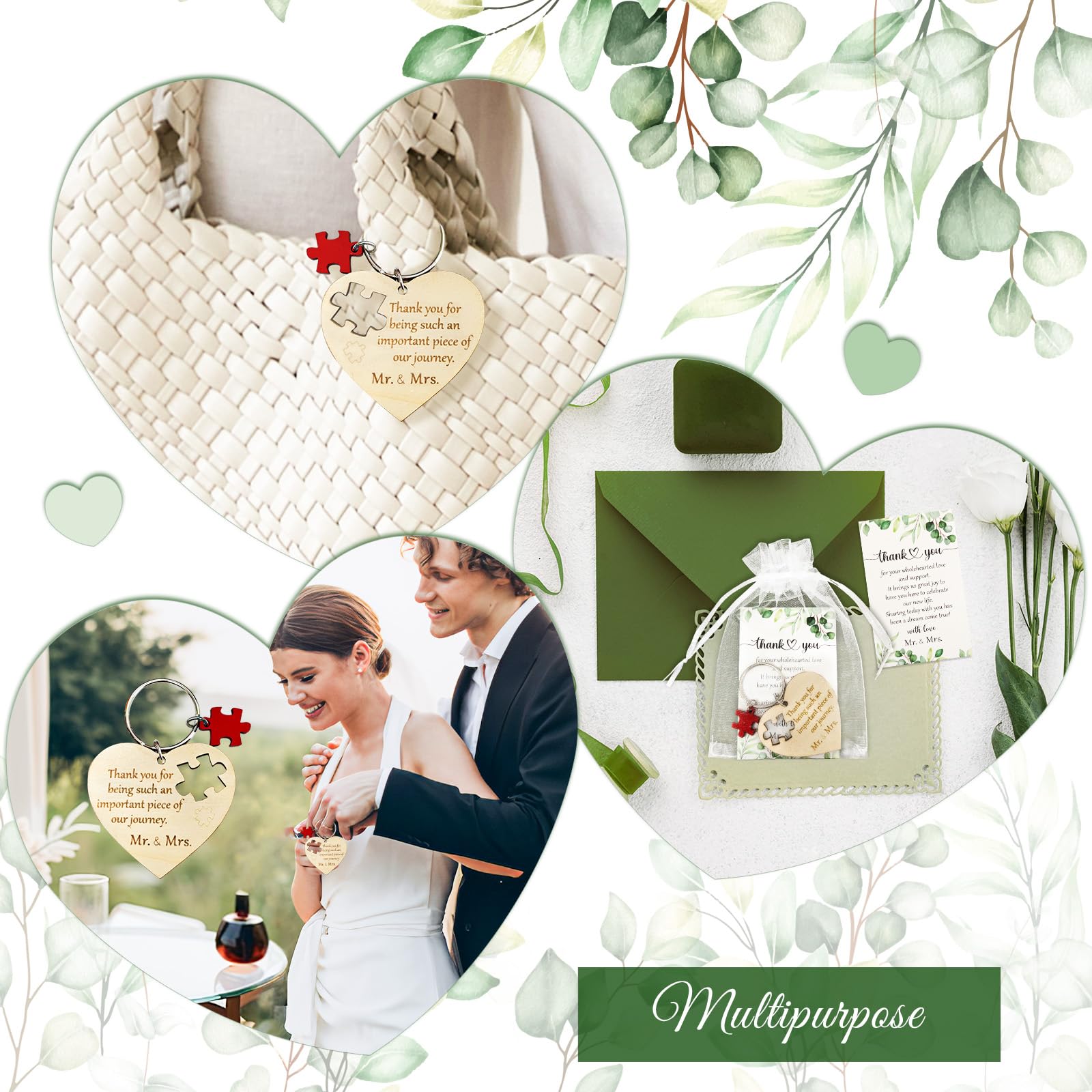 OurWarm Hochzeitsgeschenke für Gäste, 100 Stück, Holz-Herz-Puzzle-Schlüsselanhänger, Hochzeits-Souvenirs, Geschenke mit Dankeskarten und Organza-Beuteln, Brautparty, Gastgeschenke für Gäste