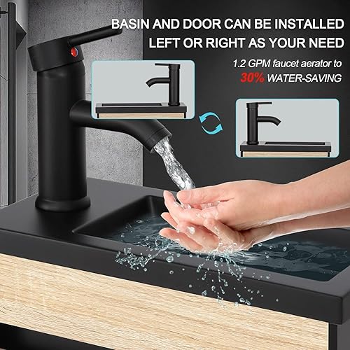 Miniatura 5 de UEV Vanidad de baño pequeña de 16 pulgadas montada en la pared, color negro y natural mezclado con fregadero de cerámica, juego de tocador de baño y