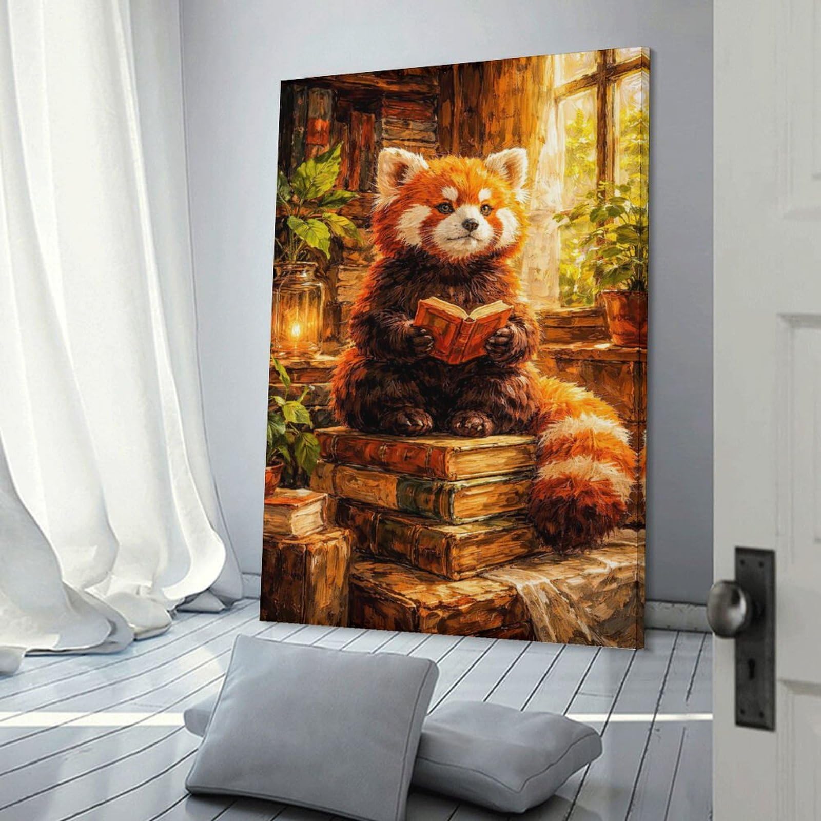 Junmoney Red Panda Reading A Book Home Decor Wall Art 24x36inch(60x90cm), for Restful Interiors, Bedrooms Or Small Rooms, Decorative Wall Art for Cosy Rooms