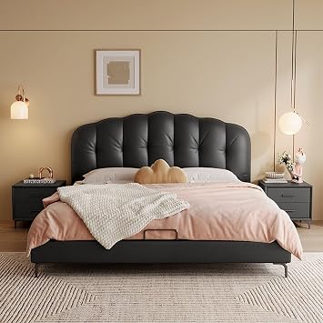 OUDINI Cream Style Black Puff Leather Bed Modern King Size Upholstered Platform Bed Frame No Box Spring Needed Noise Free