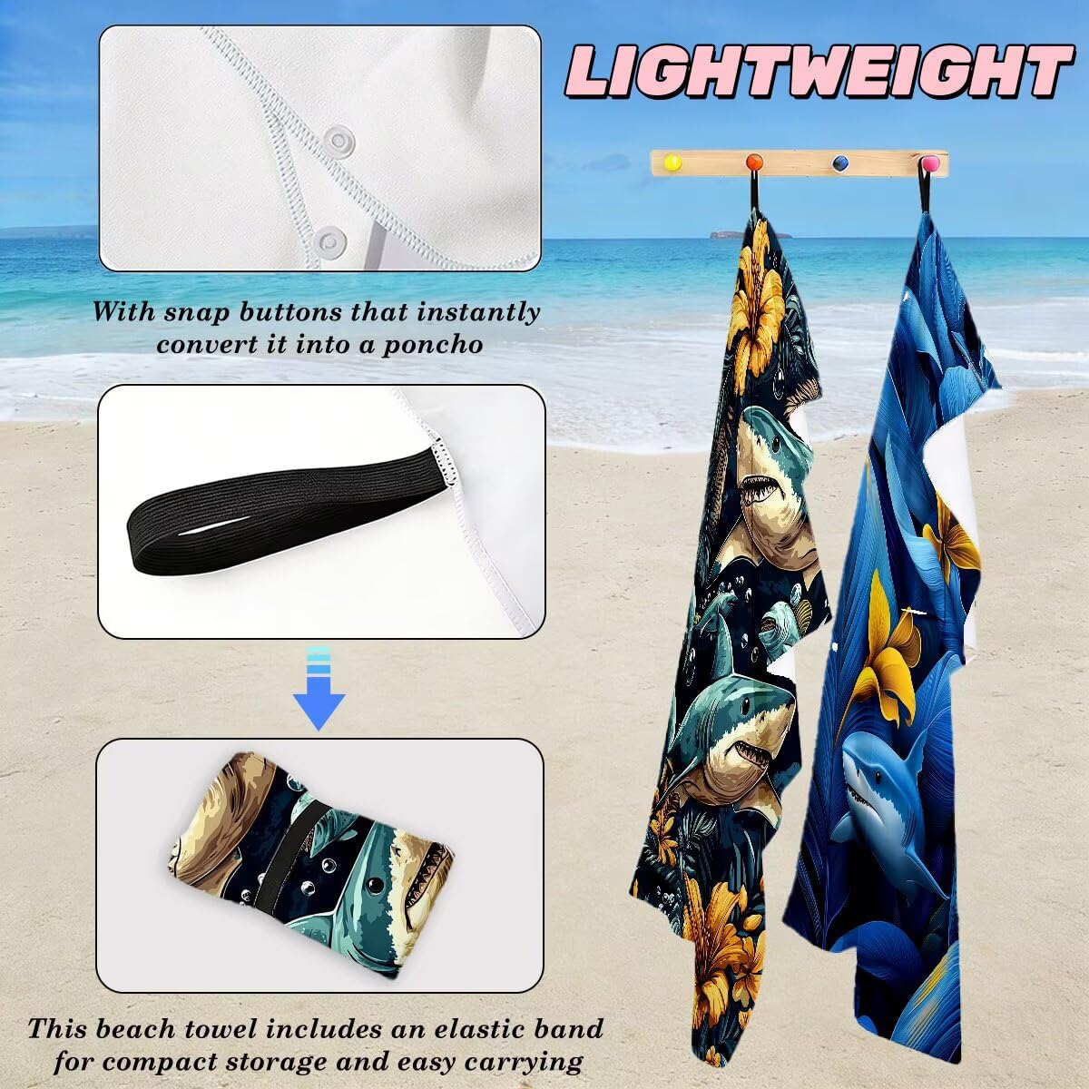 Toalla Playa 100x220 cm, Toalla Gimnasio Microfibra Secado Rapido, Juego de 2 Antiarena Toallas de Playa, Ligera Compacta Toallas Microfibra Grande para Viaje, Regalo Hombre Mujer (Tiburón) -5093