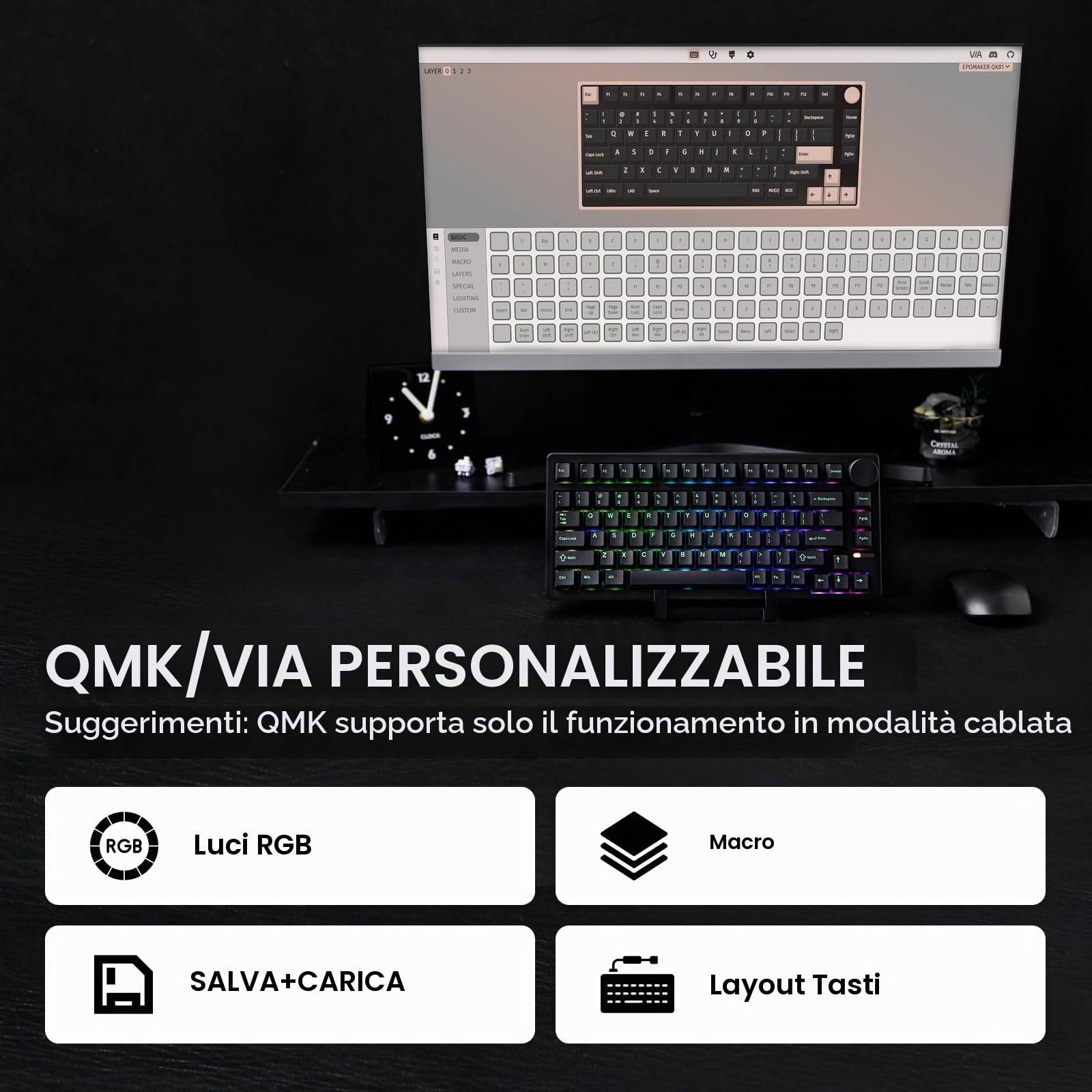 EPOMAKER QK81 75% Tastiera da Gioco Meccanica Senza Fili, QMK/VIA Programmabile, Hot-Swap, 81 Tasti con Manopola in Metallo, 2,4Ghz/BT/USB, Creamy Gasket-Mount, RGB Backlight (Nero, Wisteria Linear)