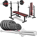 HOP-Sport® Banc de Musculation Pliable Plat, Support Barre Longue HS-1080 et Ensemble d’haltères: Disques de Poids en Plastique de 37 kg pour Entraînement Complet à Domicile Charge Max. 270 kg, Noir - 1