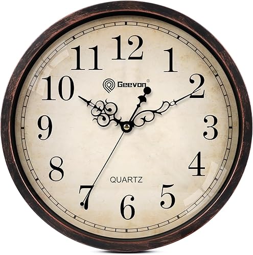 Geevon Reloj de pared analógico vintage de 14 pulgadas, sin tictac, decorativo, funciona con pilas, para dormitorio, sala de estar, cocina, oficina