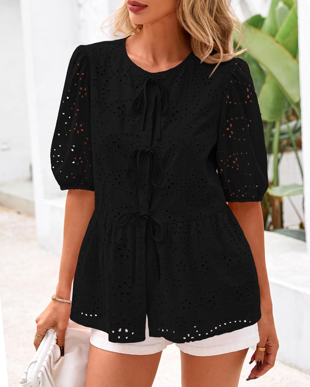 KIRUNDO Peplum Tops for Women 2026 Summer Eyelet Tie Front Blouses Casual Short Lantern Sleeve Cute Y2K Lace Babydoll Shirts - Image 4